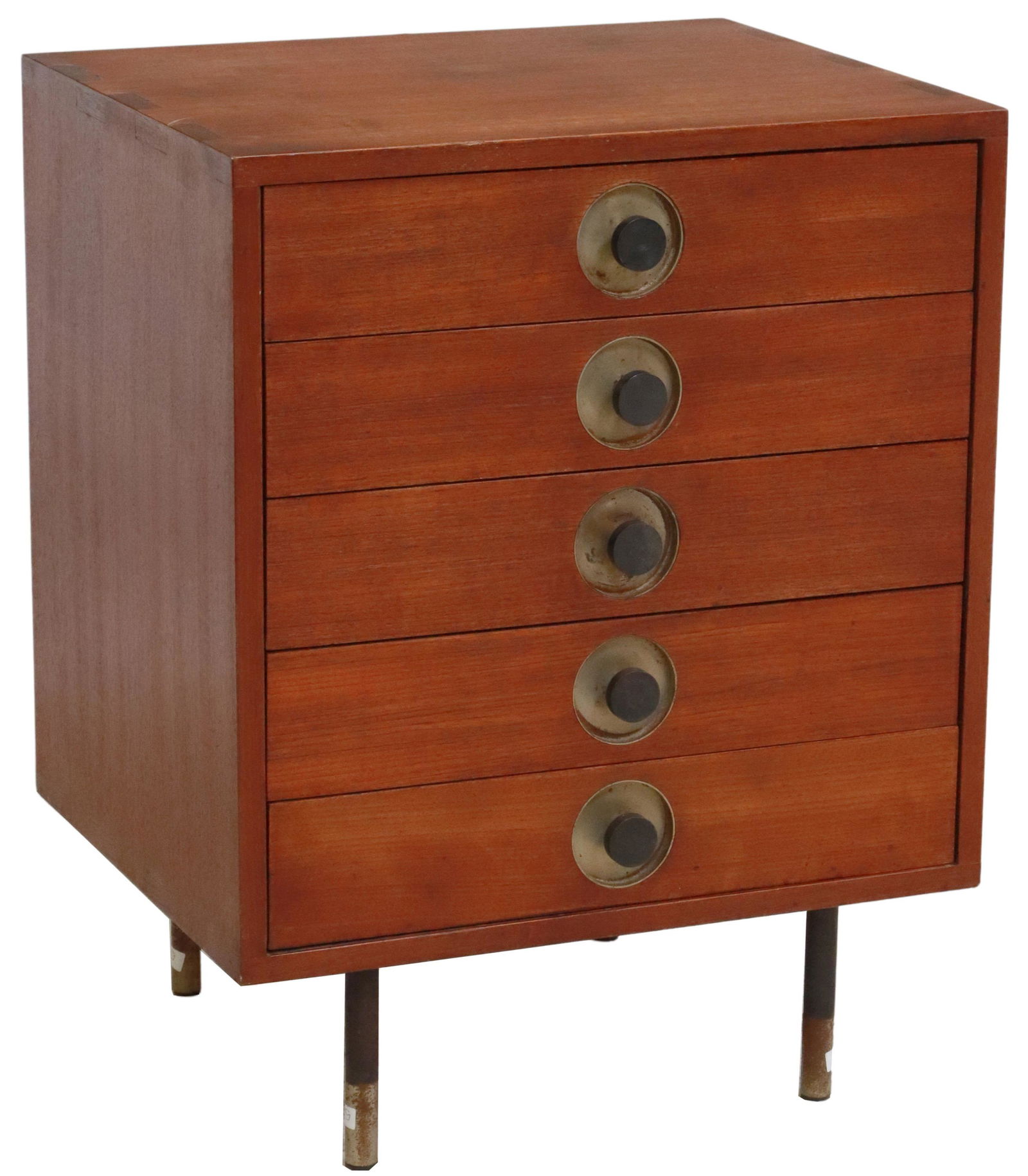 ITALIAN MID-CENTURY MODERN TEAK CHEST OF DRAWERS: Italian mid-century modern teak chest, from the "Select Series" by Rossi di Albizzate, c.1960s, rectangular case fitted with five drawers, recessed pulls, rising on steel legs, approx 27.25"h, 21.25"w