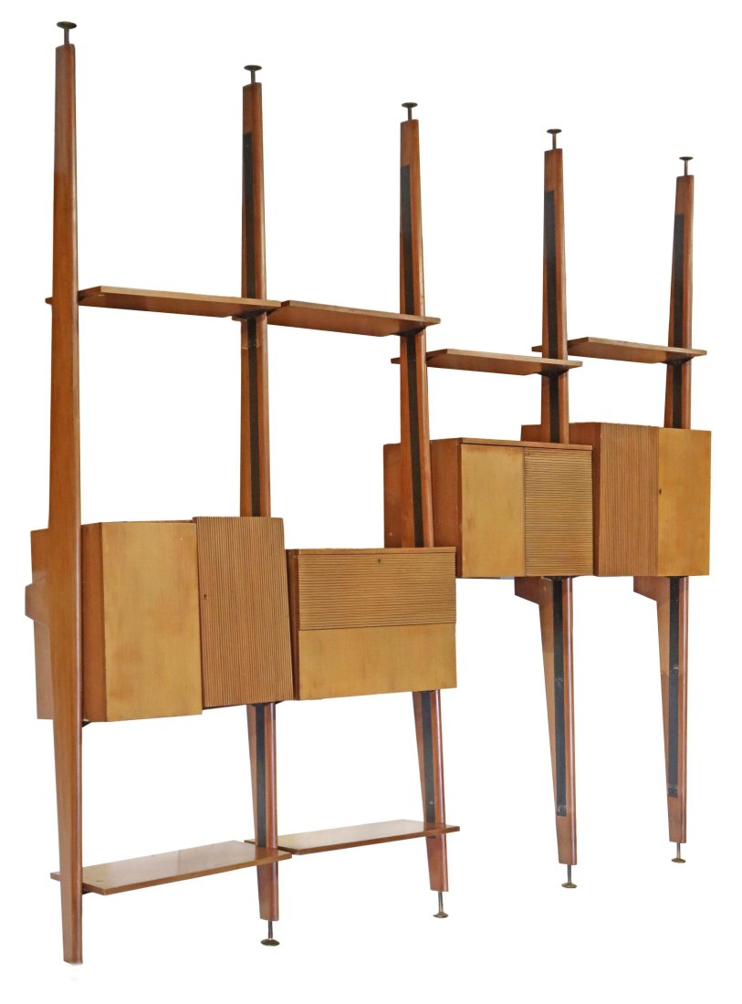 ITALIAN MID-CENTURY MODERN TEAK MODULAR BOOKCASE: Italian mid-century modern teak modular wall unit, c.1950s, having five tapered supports, fitted with six open shelves, two drop-front cabinets, one opening to interior gallery, two additional units w