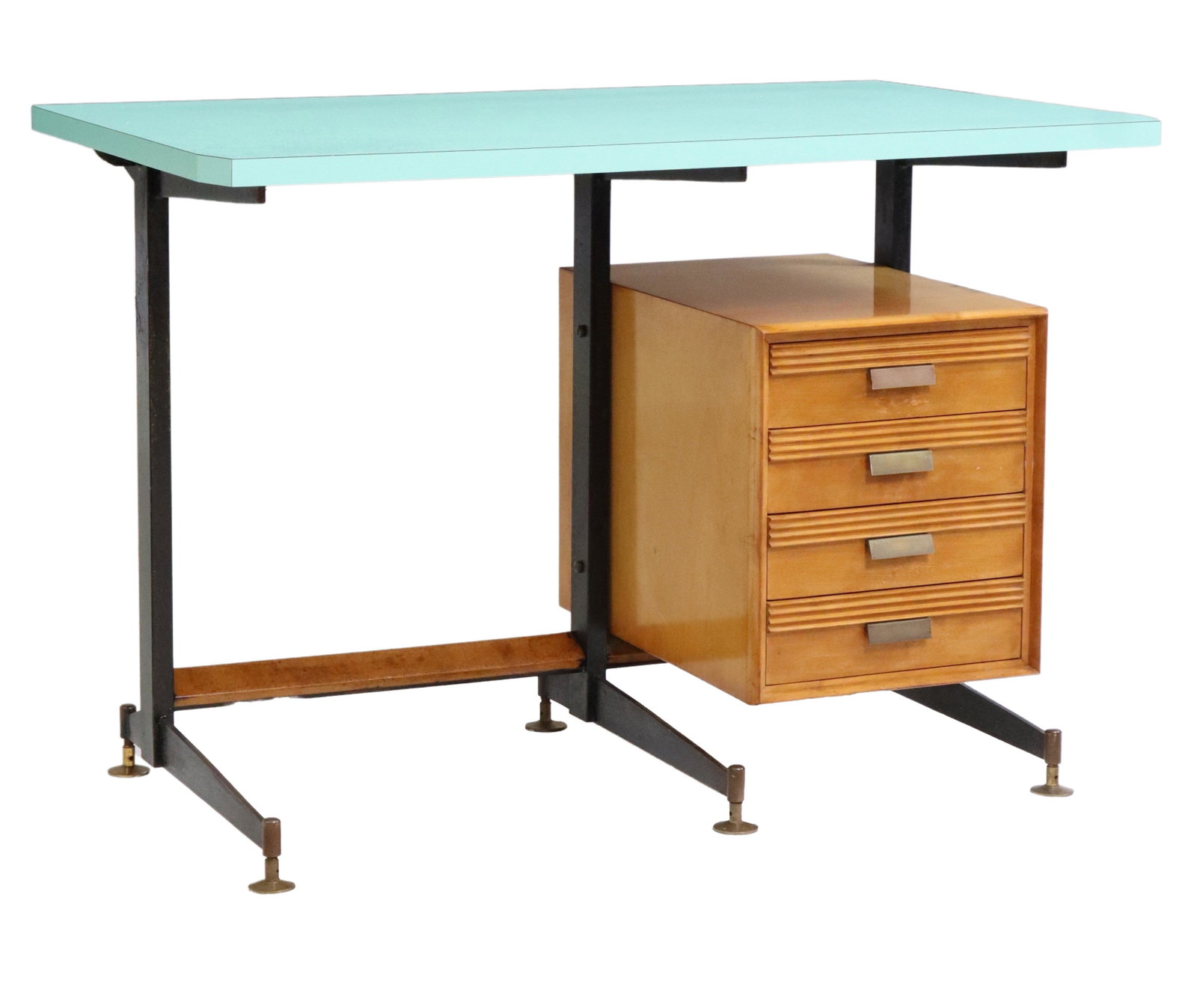 ITALIAN MID-CENTURY MODERN LAMINATE-TOP DESK: Italian mid-century modern writing desk, c.1950s, floating green laminate top, over stack of four drawers, iron frame, on brass glider feet, veneer loss and cracking to varnish at top of drawer stack,