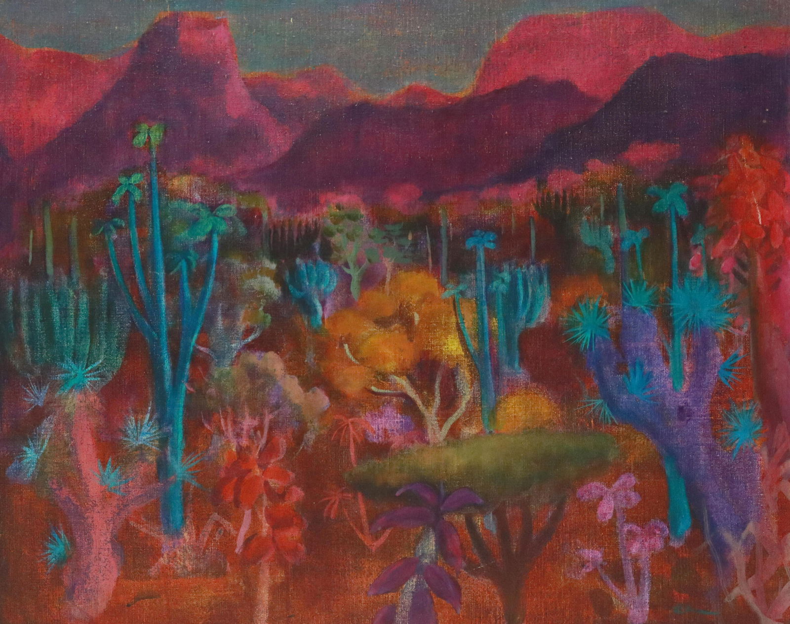 GUSTAV LIKAN (1912-1998) DESERT OASIS, 24" X 30": Framed oil on canvas painting, Desert Oasis, signed lower right Likan (Gustav Likan, Yugoslavian, active in Texas, 1912-1998), inscribed verso 107031 YNO, sight: approx 23.5"h, 29.5"w, overall: 25.5"h