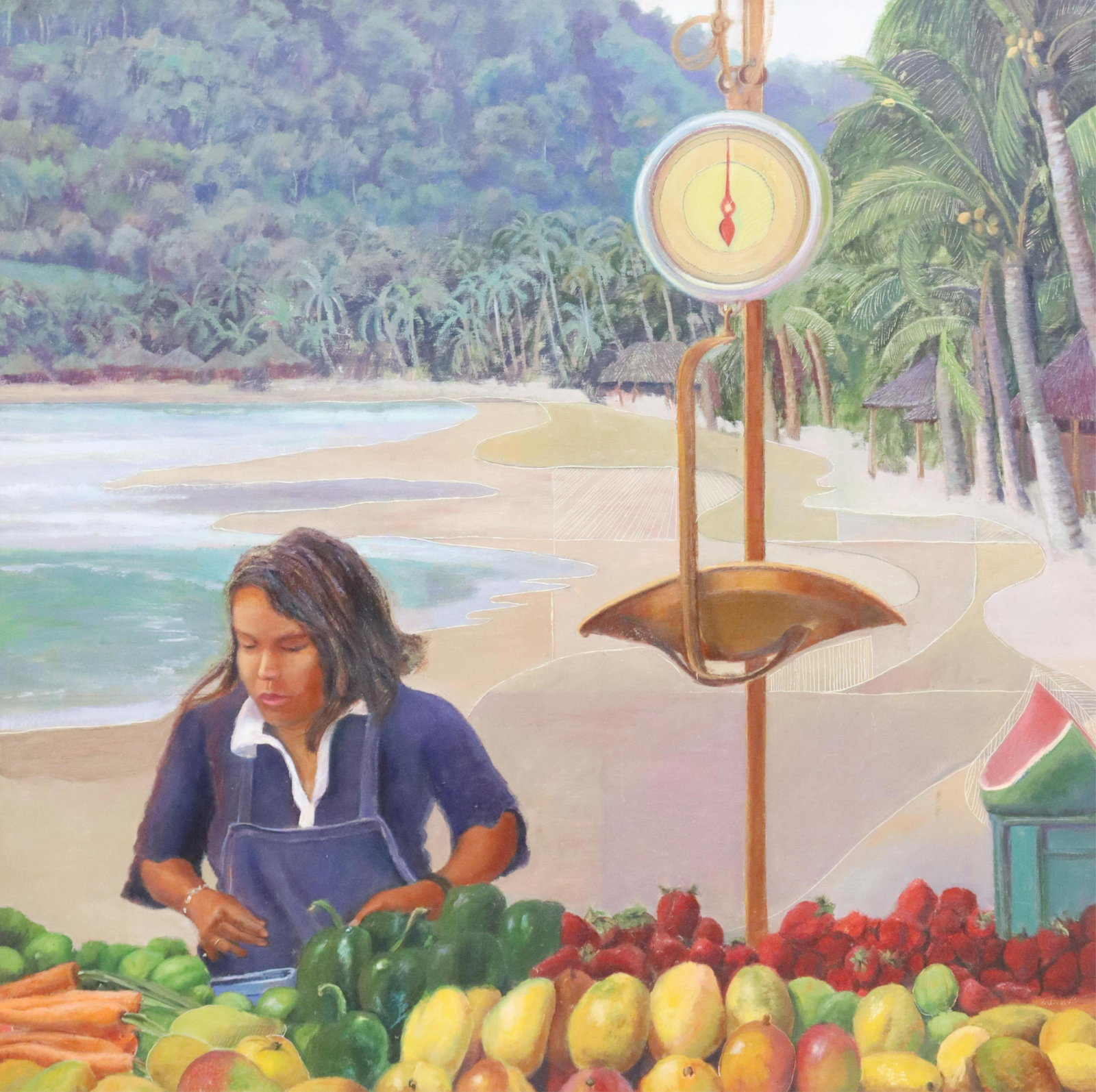 PABLO TABOADA (TX 1955-2015) FRUIT STAND 48" X 48": Framed oil painting on board, "Puesto de Fruta" (Fruit Stand), signed at the verso Taboada (Pablo Cristian Taboada Camus, Chile, Texas, 1955-2015), dated 1988, sight: approx 47.25"h, 47.5"w, overall: 