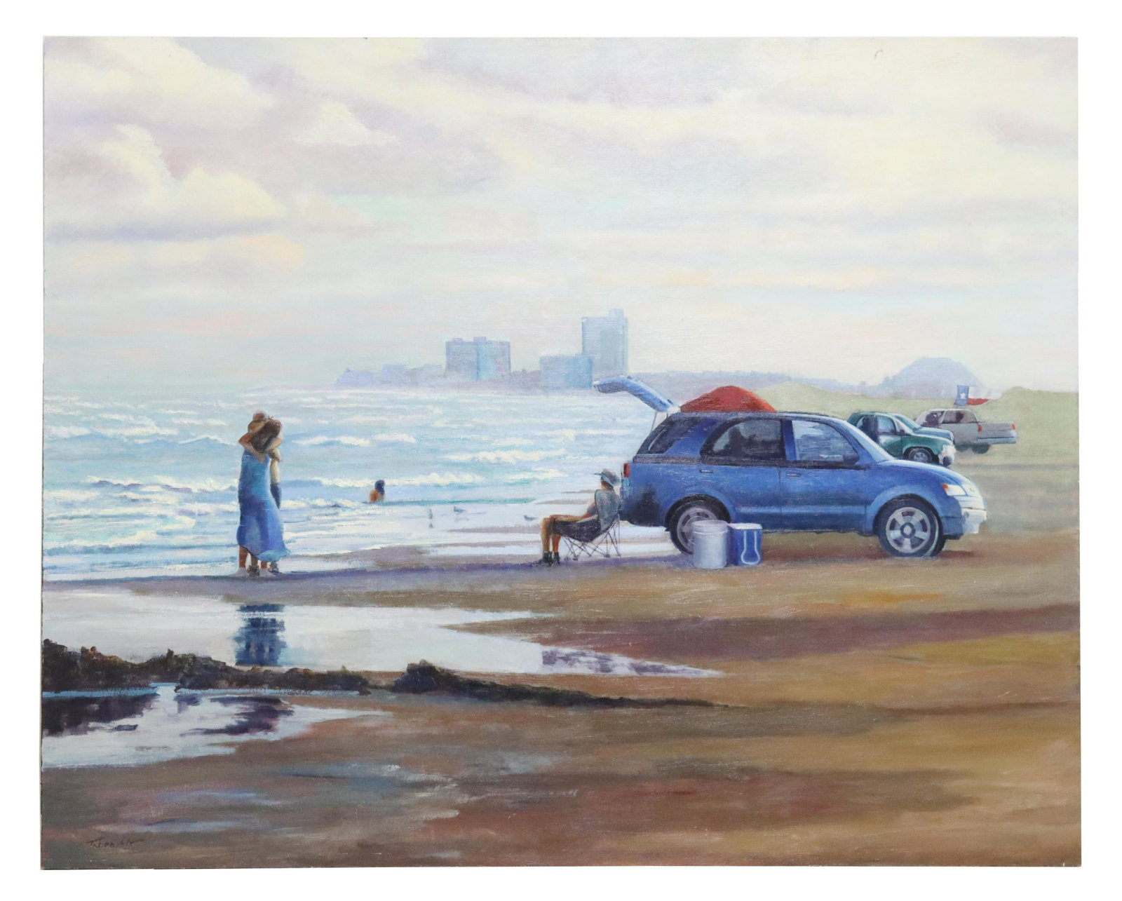 PABLO TOBOADA (1955-2015) TEXAS BEACH, 48" X 60": Unframed oil painting on board, Texas Beach, signed lower left Taboada (Pablo Cristian Taboada Camus, Chile, Texas, 1955-2015), approx 48.25"h, 60.25"w Start Price: $500.00