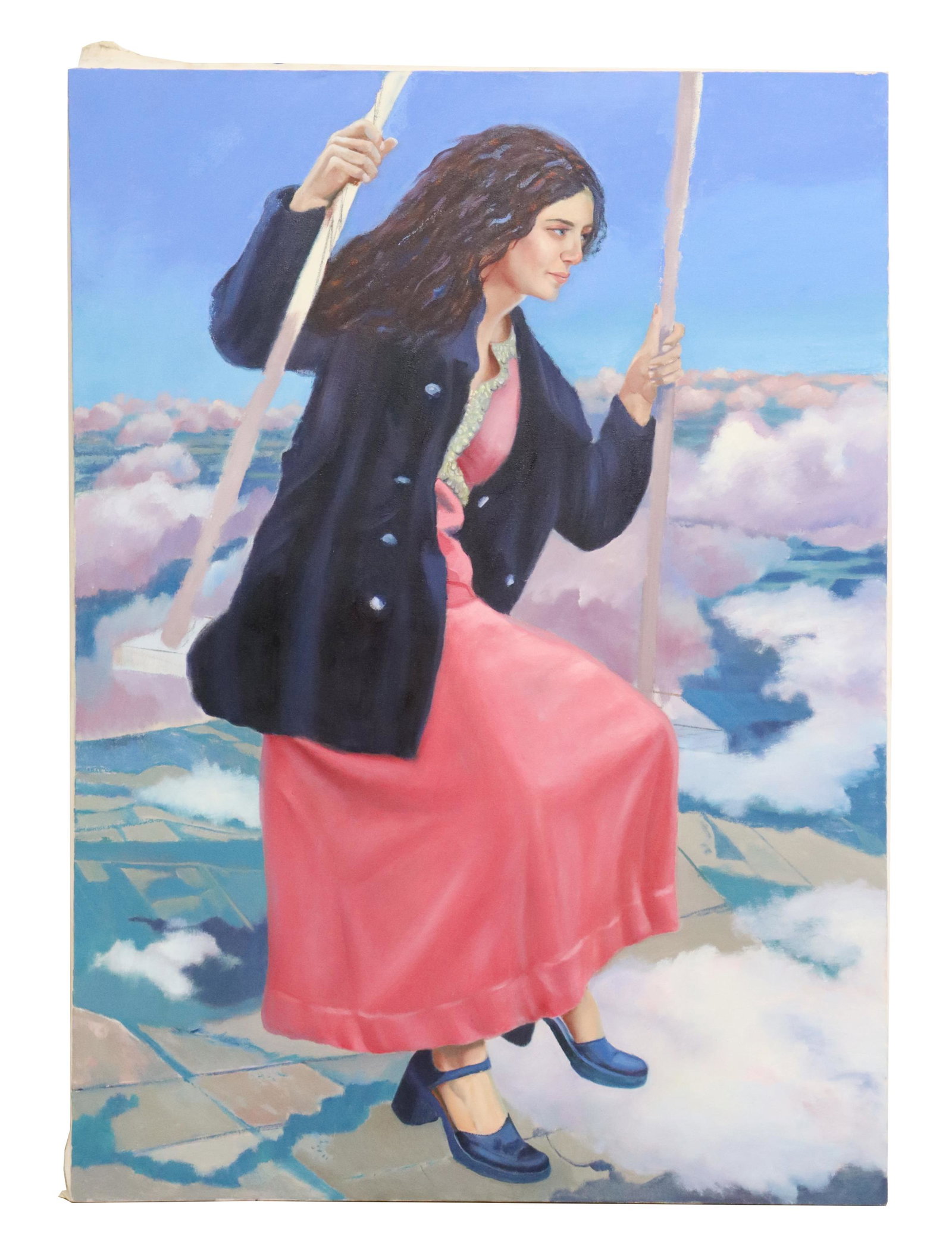 PABLO TABOADA (1955-2015) GIRL IN SWING 55.5" X 40": Unframed oil painting on canvas, "Girl in Swing," unsigned, attributed to Taboada (Pablo Cristian Taboada Camus, Chile, Texas, 1955-2015), light scratch on face, approx 55.5"h, 40"w Start Price: $500.