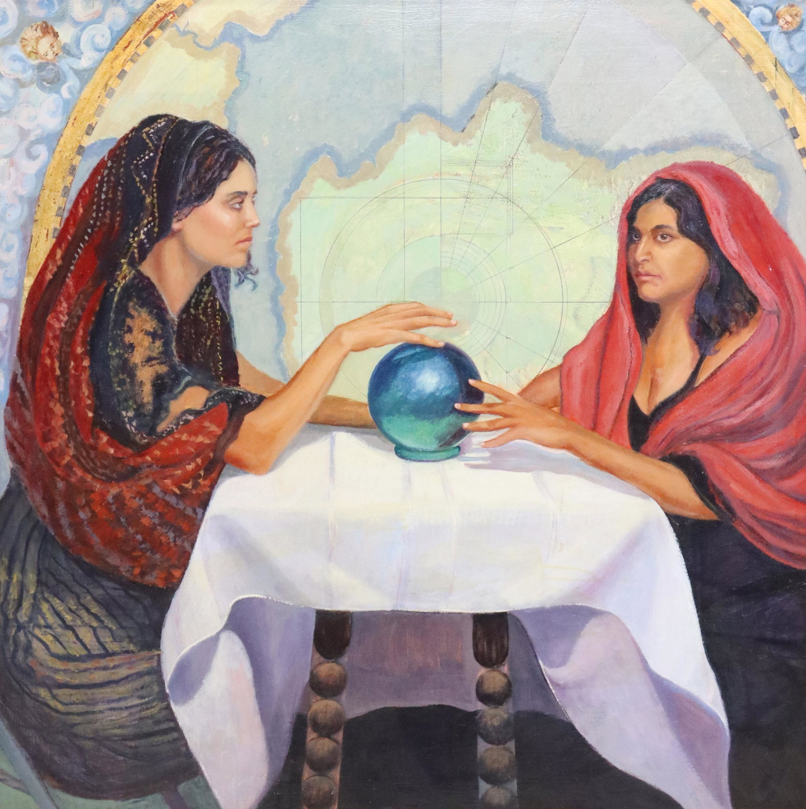 PABLO TABOADA (TX 1955-2015) 'THE FUTURE' 48" X 48": Framed oil painting on board, "El Futuro" (The Future), signed at the verso Taboada (Pablo Cristian Taboada Camus, Chile, Texas, 1955-2015), dated 2008, sight: approx 47.25"h, 47.25"w, overall: 50"h, 