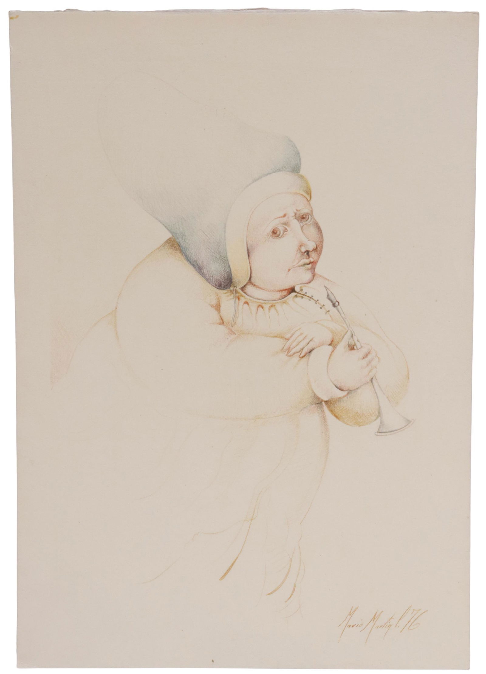 MARIO MARTIN DEL CAMPO (B.1945) DRAWING ON PAPER: Unframed colored pencil drawing on paper, Clarinet Player, signed lower right Mario Martin C. (Mario Martin del Campo, Mexican, b.1945), dated [19]76, sheet: approx 13.75"h, 9 5/8"w Start Price: $100.