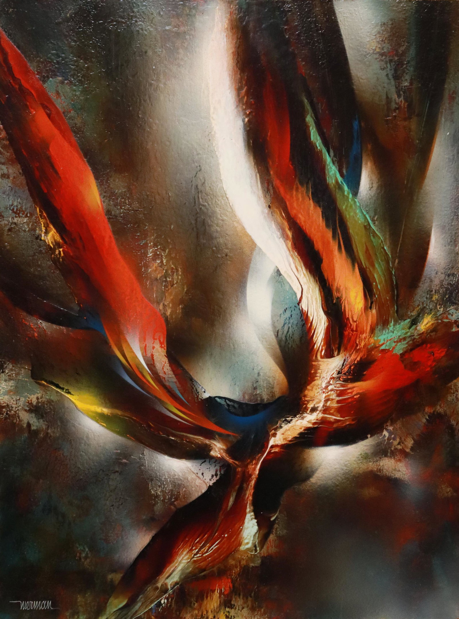 LEONARDO NIERMAN (B.1932) JUNGLE BIRD, 31.5"X23.5": Framed acrylic on Masonite painting, "Jungle Bird," signed lower left Nierman (Leonardo Nierman, Mexican, b.1932), titled verso, sight: approx 31.5"h, 23.5"w, overall: 34.5"h, 26.5"w, 11.75lbs Start P