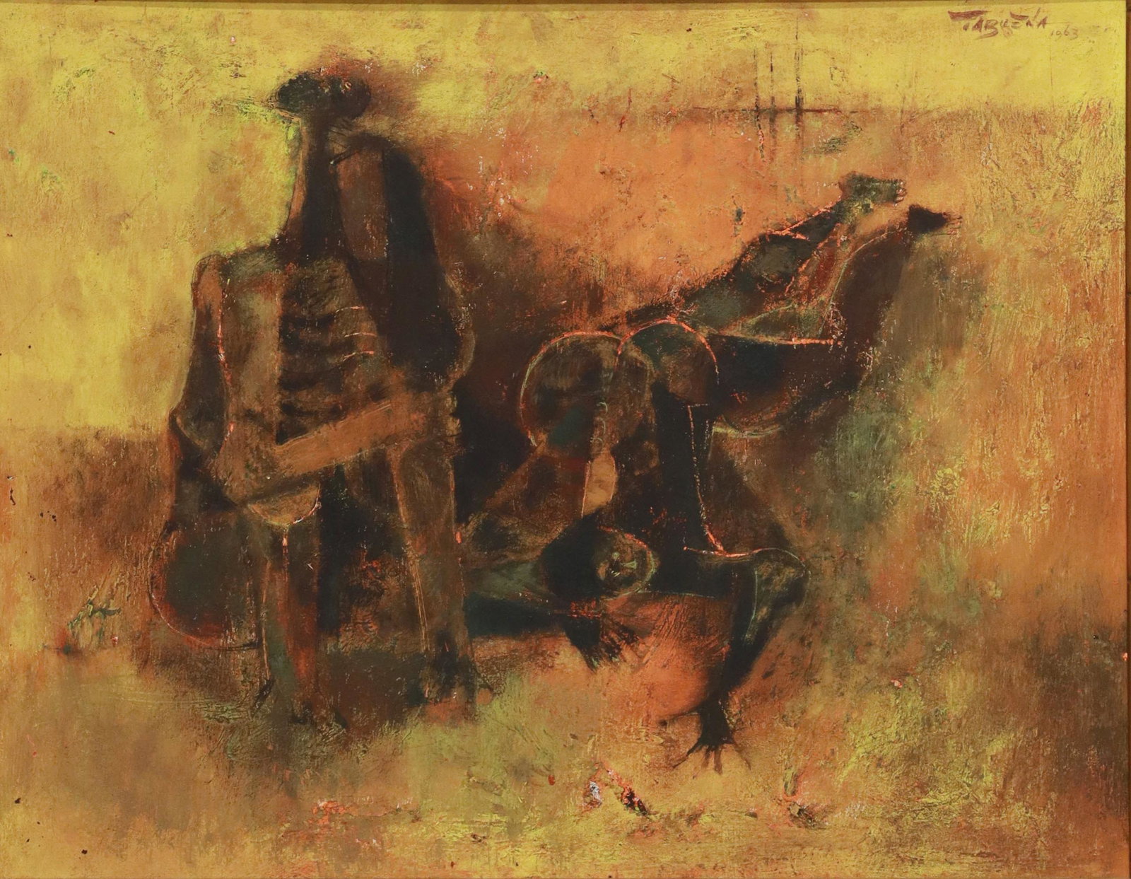 ROMEO TABUENA (1921-2015) AFTERNOON REST: Framed tempera on Masonite painting, "Afternoon Rest," signed upper right Tabuena (Romeo Tabuena, Philippines, Mexico, 1921-2015), dated 1963, titled verso, Joseph Mayer Co., Inc., New York label, sig
