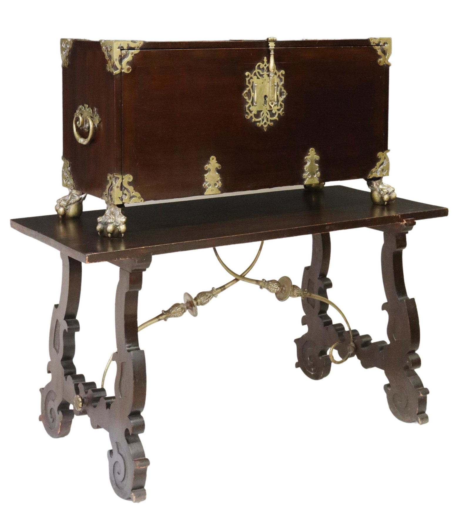 SPANISH BAROQUE STYLE BRASS-MOUNTED VARGUENO: Spanish Baroque style bargueno/ vargueno, early 20th c., upper case with brass corner mounts, side carrying handles, fall-front panel opening to fitted interior with eight small drawers, two document 