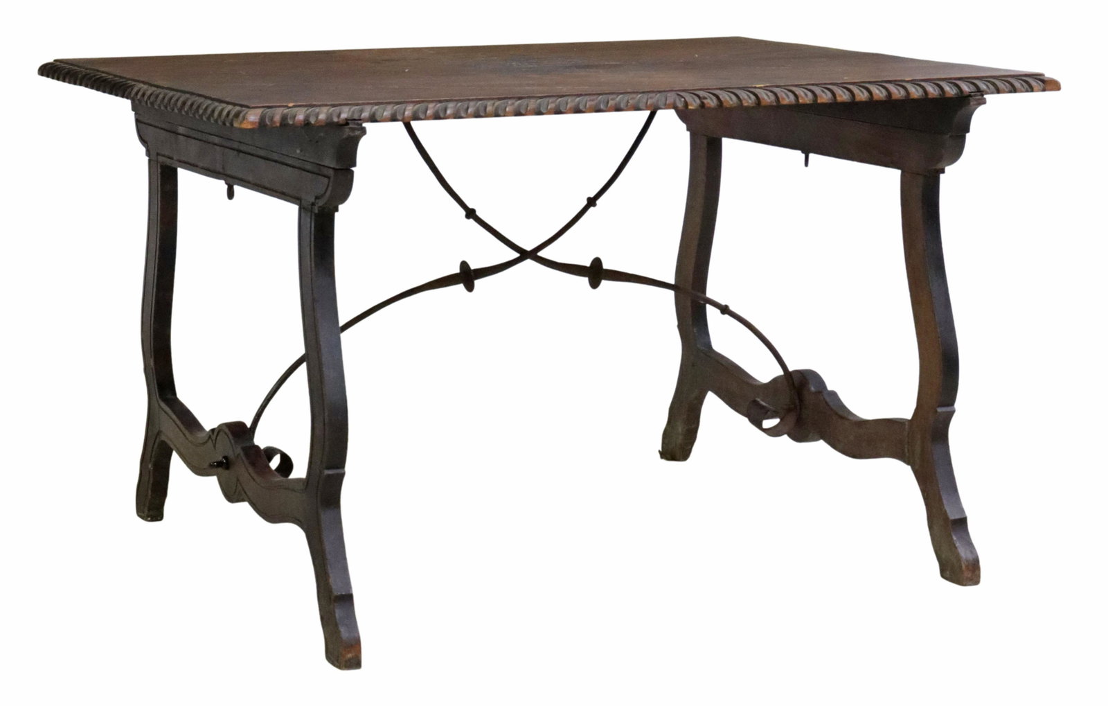 SPANISH BAROQUE STYLE FOUR-BOARD TOP TABLE: Spanish Baroque style table, 19th c., four-board top, with carved border, rising on ox yoke supports, joined with iron cross stretcher, approx 31.75"h, 53.25"l, 40.25"w Start Price: $300.00