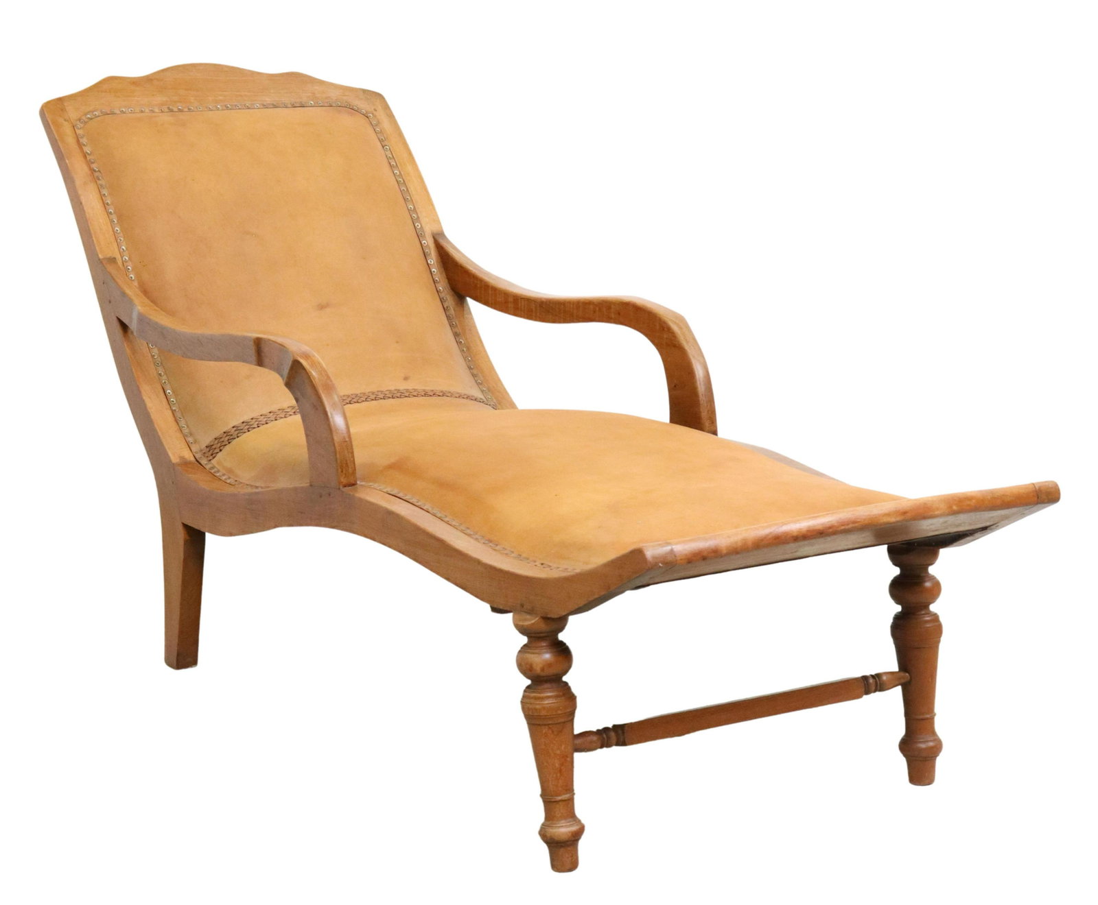 COLONIAL STYLE BROWN LEATHER CHAISE LOUNGE: Colonial style plantation teak lounge chair/ chaise longue, 20th c., in brown leather upholstery with decorative woven band, rising on turned front legs, approx 35"h, 71"l, 26"w Start Price: $300.00