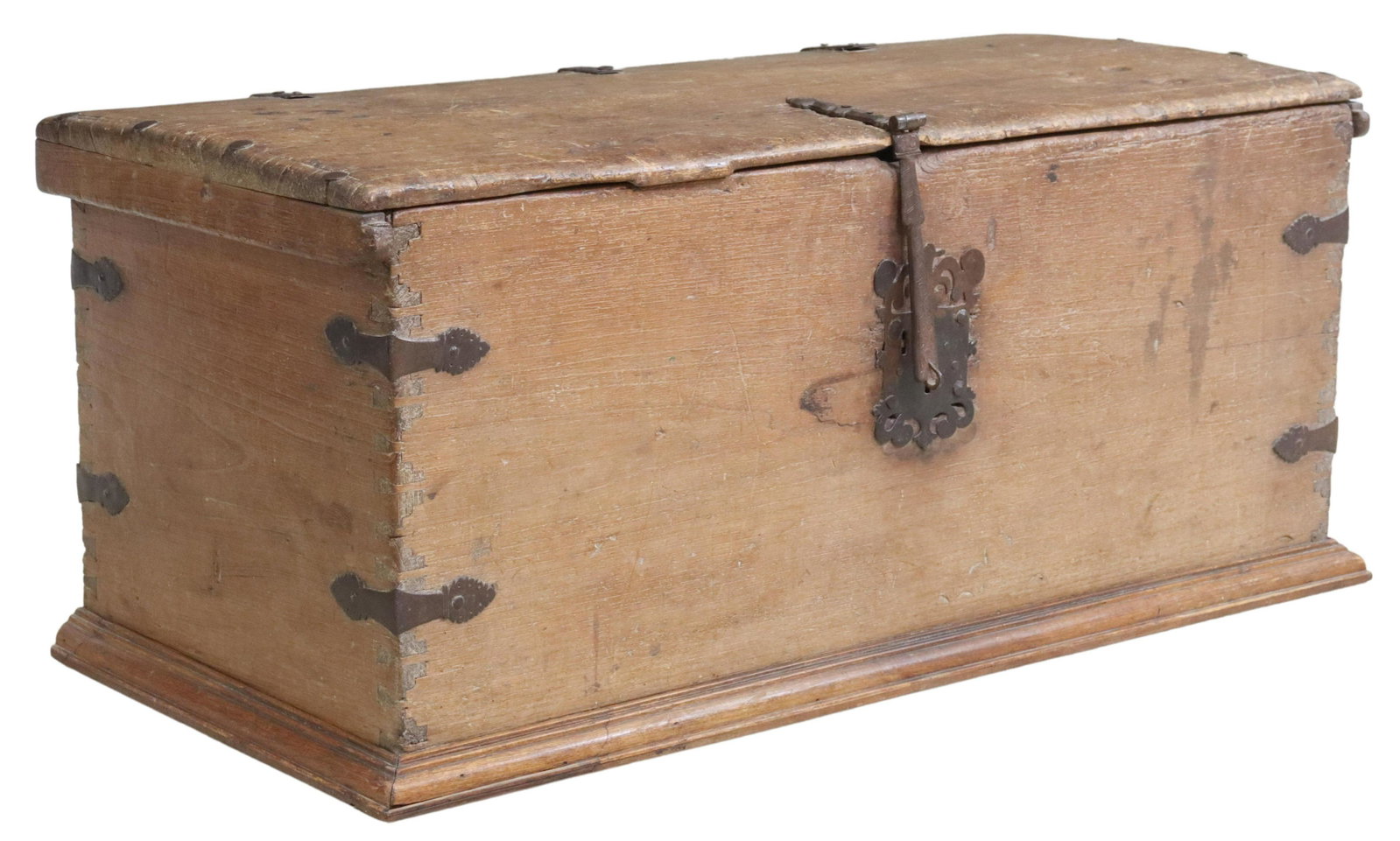 RUSTIC SPANISH COLONIAL CEDAR STORAGE CHEST: Rustic Spanish Colonial cedar storage trunk, attributed to the Oaxaca, Mexico region, 18th/ 19th c., having iron straps and openwork escutcheon, hinged lid opening to storage interior, with small lidd