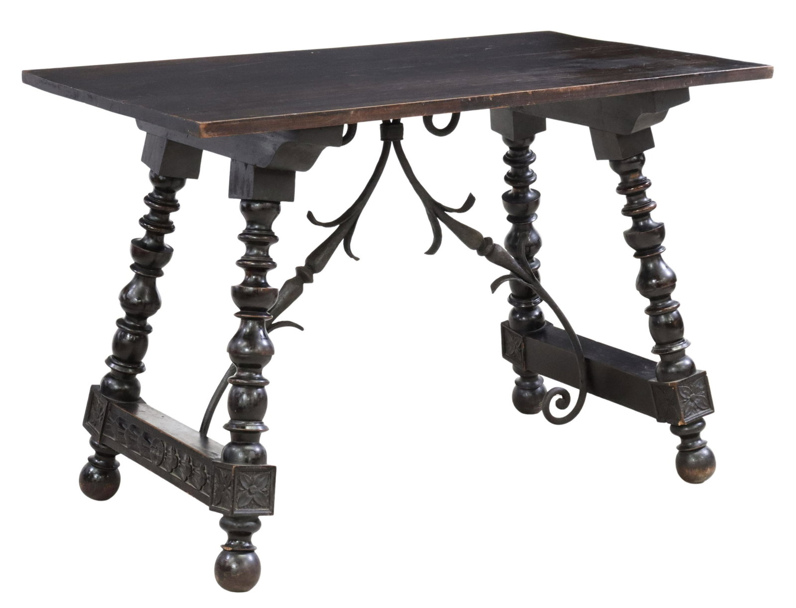 SPANISH BAROQUE STYLE TABLE WITH IRON STRETCHER: Spanish Baroque style table, early 20th c., rectangular top, rising on turned ox yoke supports, joined with foliate iron cross stretcher, ending on bun feet, approx 32.25"h, 47.25"l, 27.5"w Start Pric