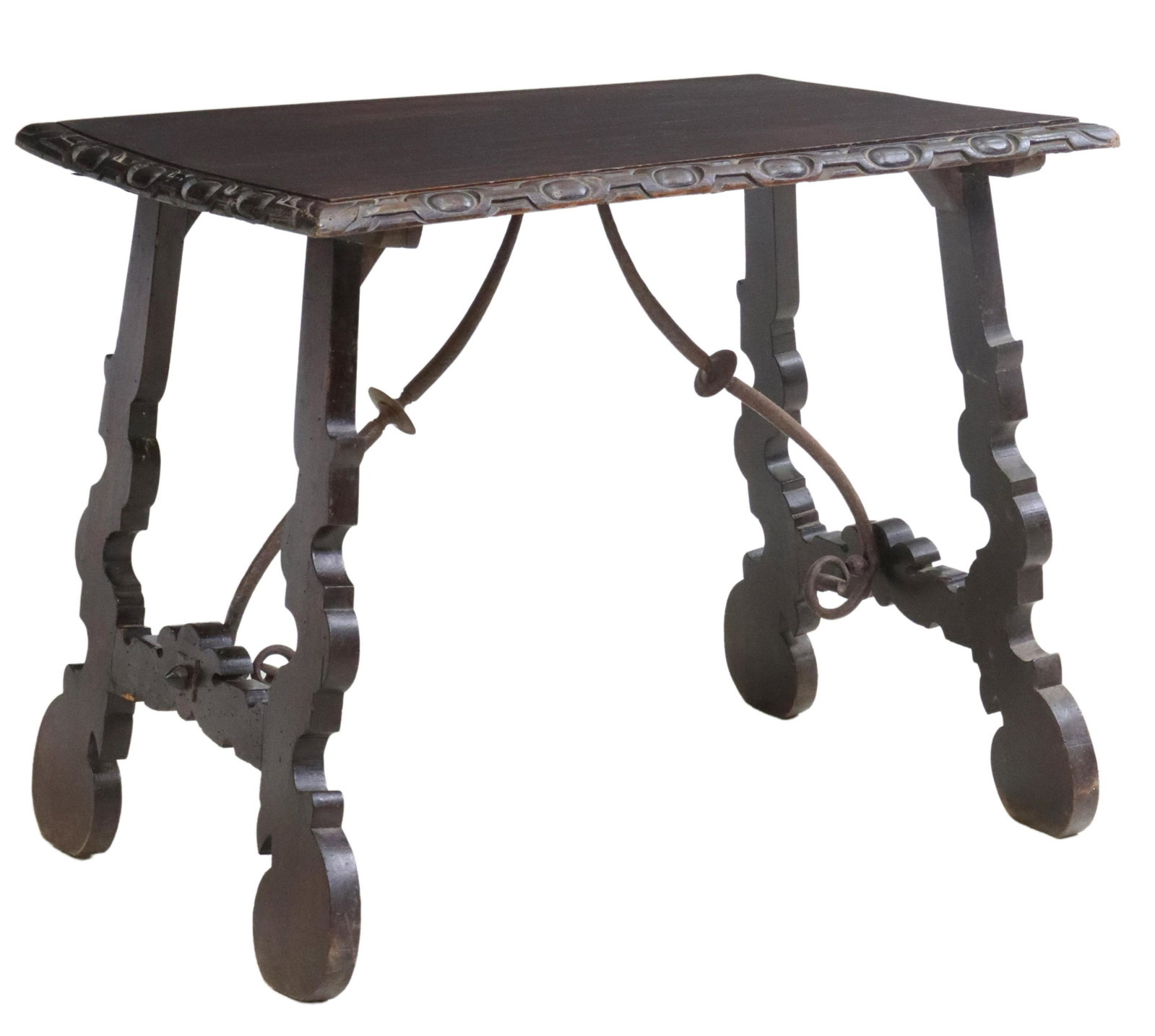 SPANISH BAROQUE STYLE IRON-STRETCHER TABLE: Spanish Baroque style table, 19th c., carved running ornamentation border, rising on ox yoke supports, with iron cross stretcher, approx 26.5"h, 32.75"w, 22.25"d Start Price: $150.00
