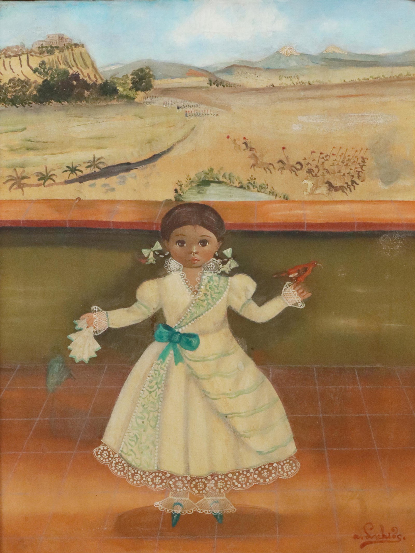 AGAPITO LABIOS (D.1996) GIRL, BATTLE CHAPULTEPEC: Framed oil on canvas painting, Portrait of a Young Girl with Battle of Chapultepec in Background, signed lower right A. Labios (Agapito Labios, Mexican, 1898-1996), patch at back of canvas, sight: app