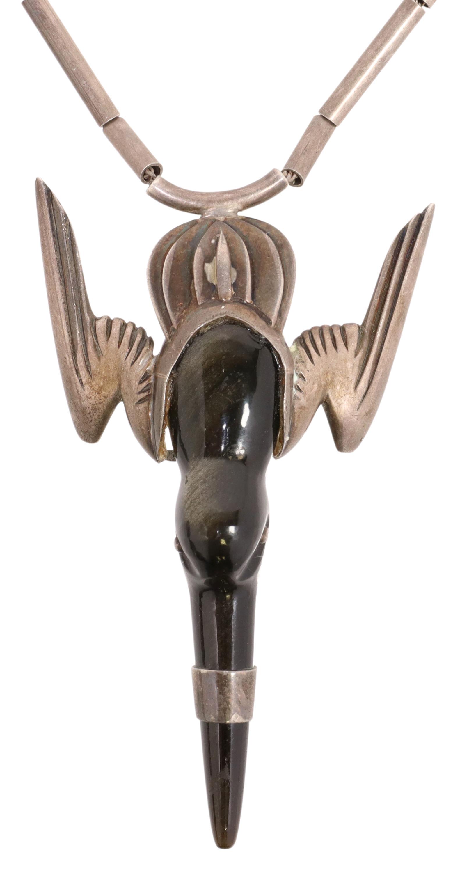 WILLIAM SPRATLING (1900-1967) HUMMINGBIRD NECKLACE: Modernist sterling silver necklace, William Spratling (American, active in Mexico, 1900-1967), mid 20th c., silver and obsidian hummingbird pendant, chain necklace with tubular beads, spring ring clas