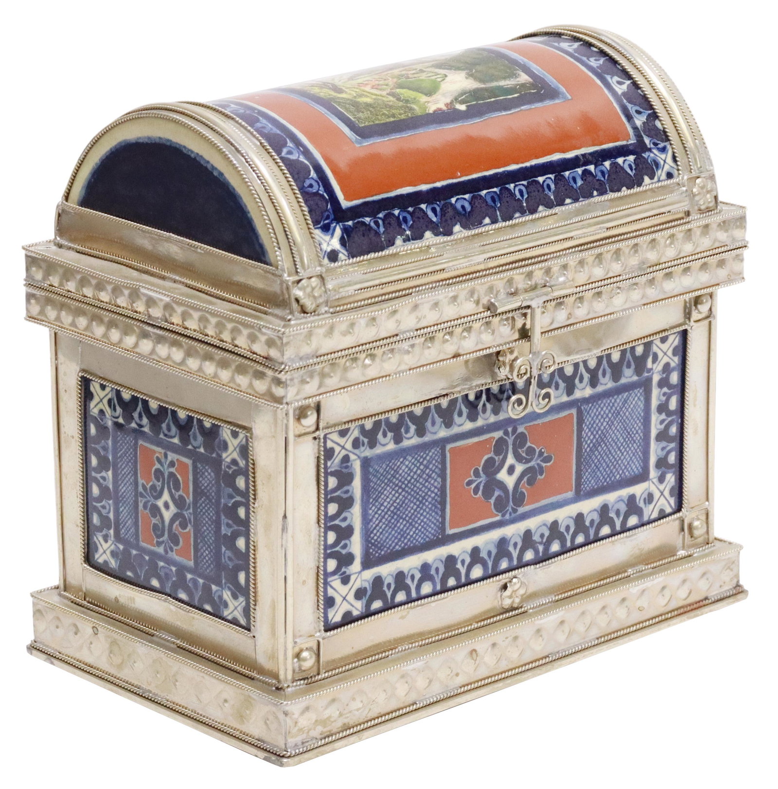 JESUS GUERRERO SANTOS (B.1939) COFRE SOL BOX: Large Talavera style "Cofre Sol" (table box), underside of lid initialed JGS (Jesus Guerrero Santos, Mexican, b.1939), dated 2000, silver-tone metal frame, polychrome glazed ceramic insets, dome top w