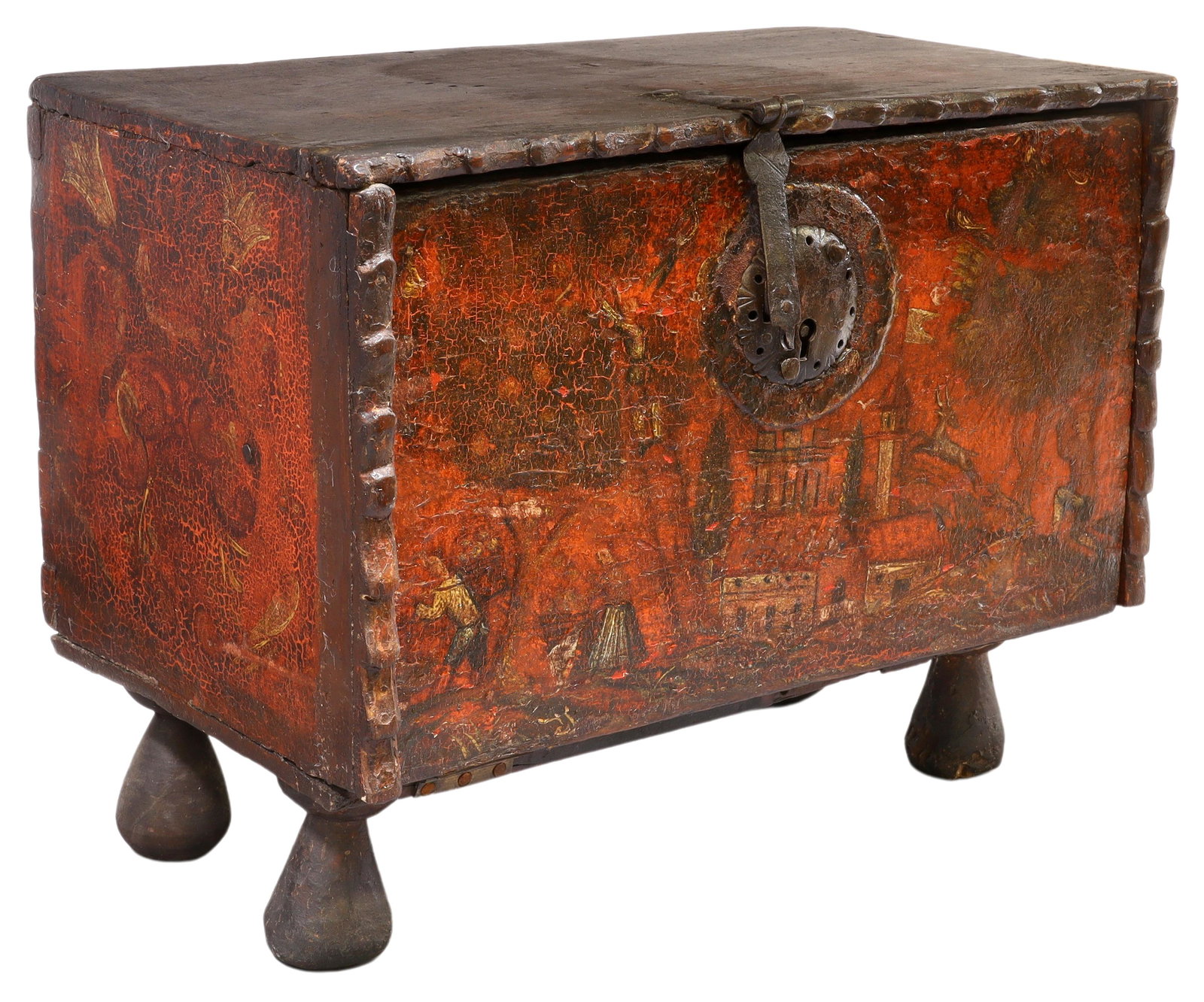 HAND-PAINTED LACQUERED WOOD PAPELARIA, MEXICO: Hand-painted lacquered wood papelaria/ vargueno or document box, likely from Michoacan, Mexico, 18th/ 19th c., forged iron hasp, fall-front panel, five interior drawers, rising on turned legs, later h