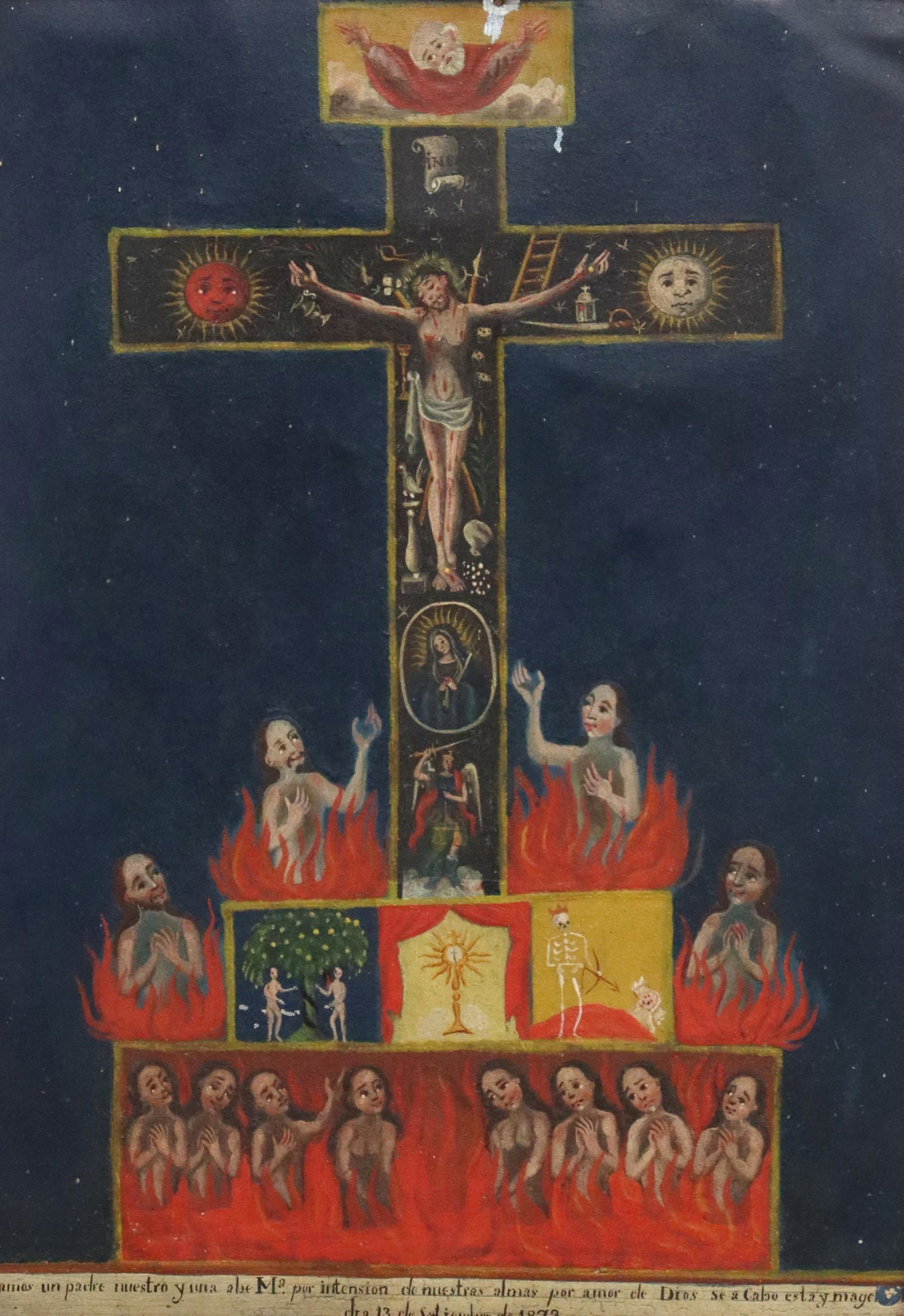 FRAMED OIL ON TIN RETABLO, CRUZ DE ANIMAS: Framed oil on tin ex-voto retablo, Cruz de Animas, God the Father above the crucifixion, Arma Christi (instruments of the Passion), Our Lady of Sorrows, Archangel Michael, lower reserves with Adam and