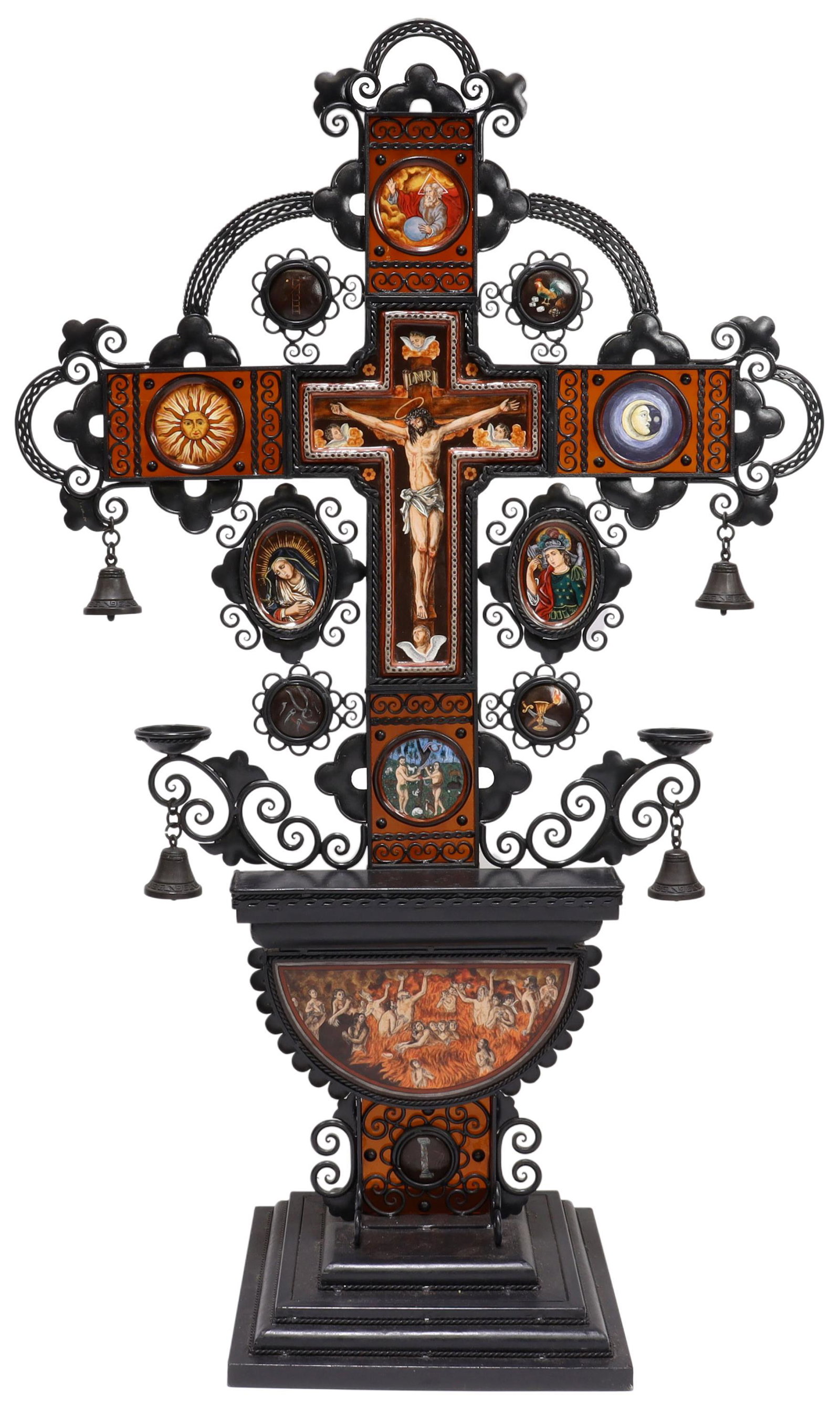 JESUS GUERRERO SANTOS (B.1939) CRUZ DE ANIMAS: La Cruz de Animas (the cross of souls), Jesus Guerrero Santos (Mexican, b.1939), iron cross with colored glass and enameled ceramic insets, depicting God the Father above the crucifix, Arma Christi (i