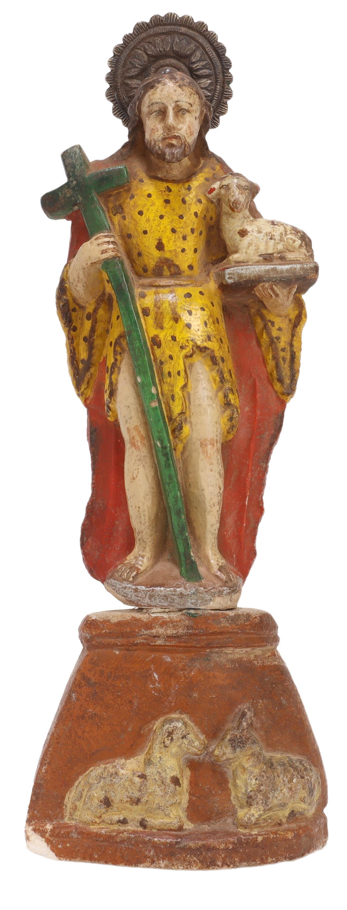 PERUVIAN HUAMANGA STONE CHRIST AS GOOD SHEPHERD: Carved huamanga stone santo figure, Peru, 19th c., Christ as Good Shepherd, polychrome painted, silver-tone metal halo, rising on integral pedestal base, approx 12.25"h, 4.5"w, 1.5"d, 3lbs Start Price