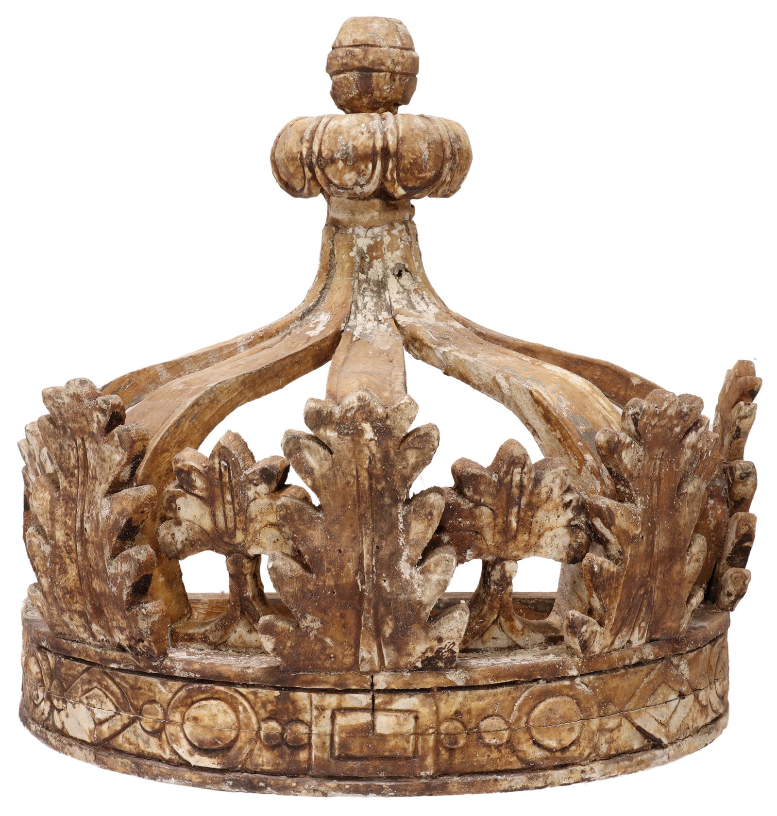 CARVED WOOD DEMILUNE CROWN BED CANOPY: Carved wood half-crown bed canopy, 20th c., lacking (one) leaf at back left edge, approx 19"h, 21"w, 11.25"d, 6.5lbs Start Price: $100.00