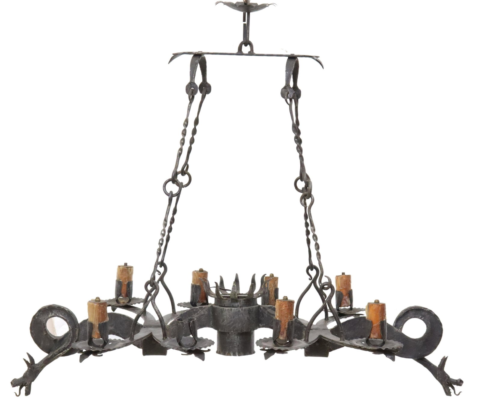 SPANISH GAUDI STYLE WROUGHT IRON 9-LT CHANDELIER: Spanish wrought iron nine-light chandelier, in the manner of Antoni Gaudi (Spanish, 1852-1926), 20th c., hook top issuing four chains, scrolled dragon head terminals, central foliate light, surmounted