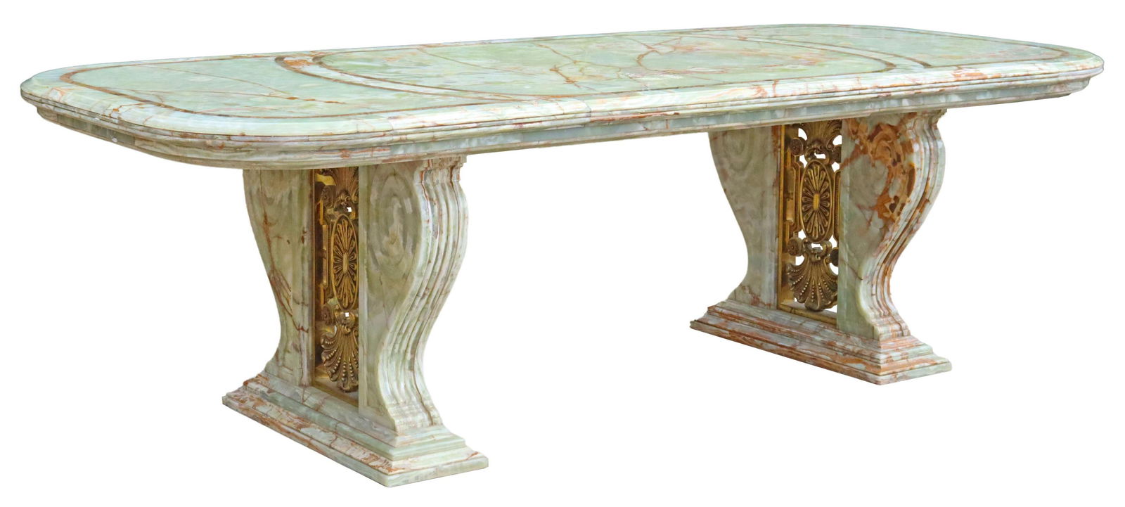 EXCEPTIONAL LARGE ONYX & GILT METAL DINING TABLE: 743--Exceptional large onyx dining table, 20th c., top with rounded corners, inlaid contrasting onyx banding, rising on volute supports, centering pierced gilt metal panel, featuring shell motif, endi