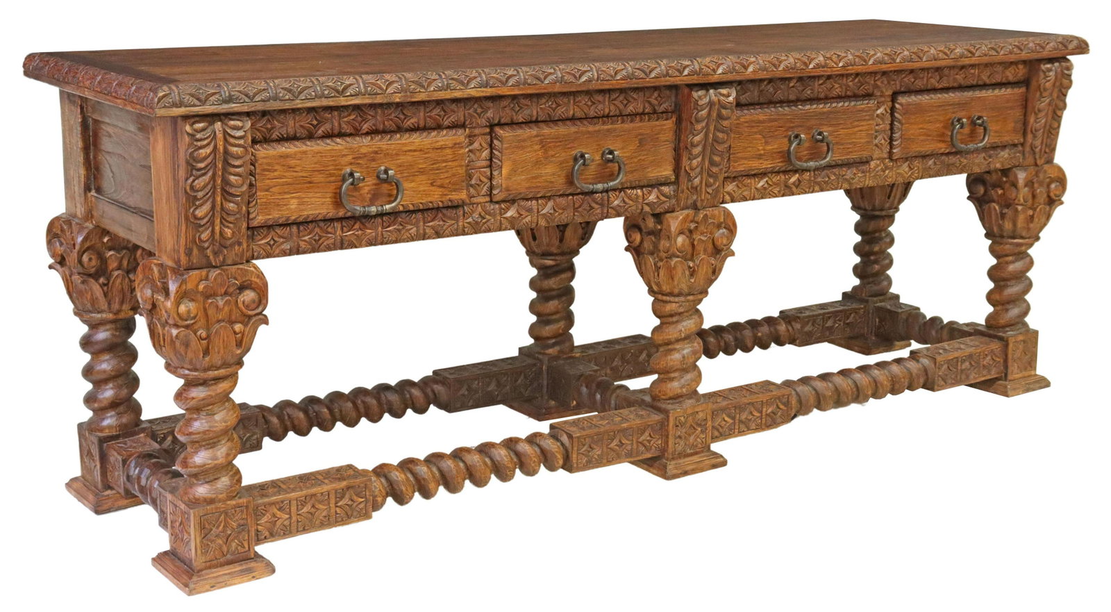 JASON SCOTT 'CORINTHIAN' CARVED TEAK CONSOLE TABLE: "Corinthian" carved teakwood console table, Jason Scott Collection, carved running ornamentation border, over four drawers, with iron bail handles, rising on Corinthian capital over barley twist stret