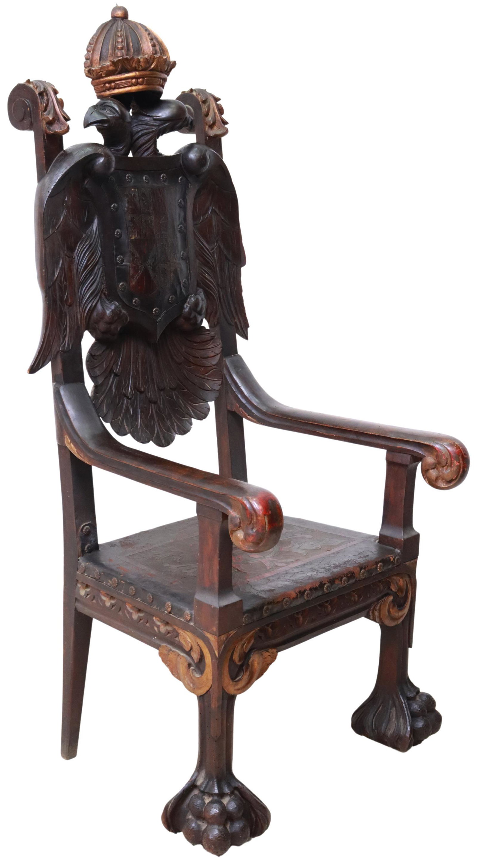 EXCEPTIONAL CARVED EAGLE THRONE CHAIR, SPAIN: Large throne chair, Northern Spain, last half 19th c., the back with a carved wood crown over a finely carved double-headed eagle with detailed wings and feathers, having a centered embossed leather s