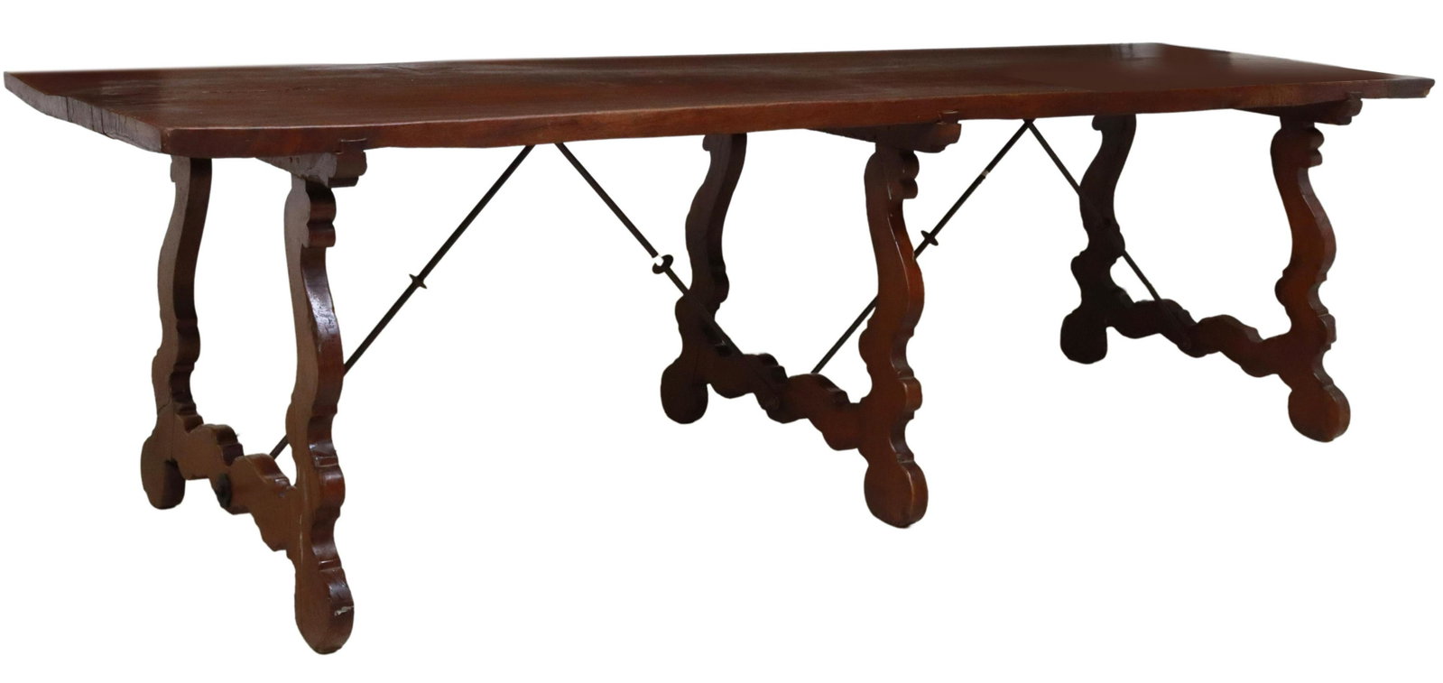 LARGE SPANISH BAROQUE STYLE SINGLE BOARD TABLE: Large Spanish Baroque style table, 18th c. and later elements, having single board top, over ox yoke supports, joined with iron cross stretcher, restorations, approx 31.5"h, 110.5"l, 33.25"w Start Pri