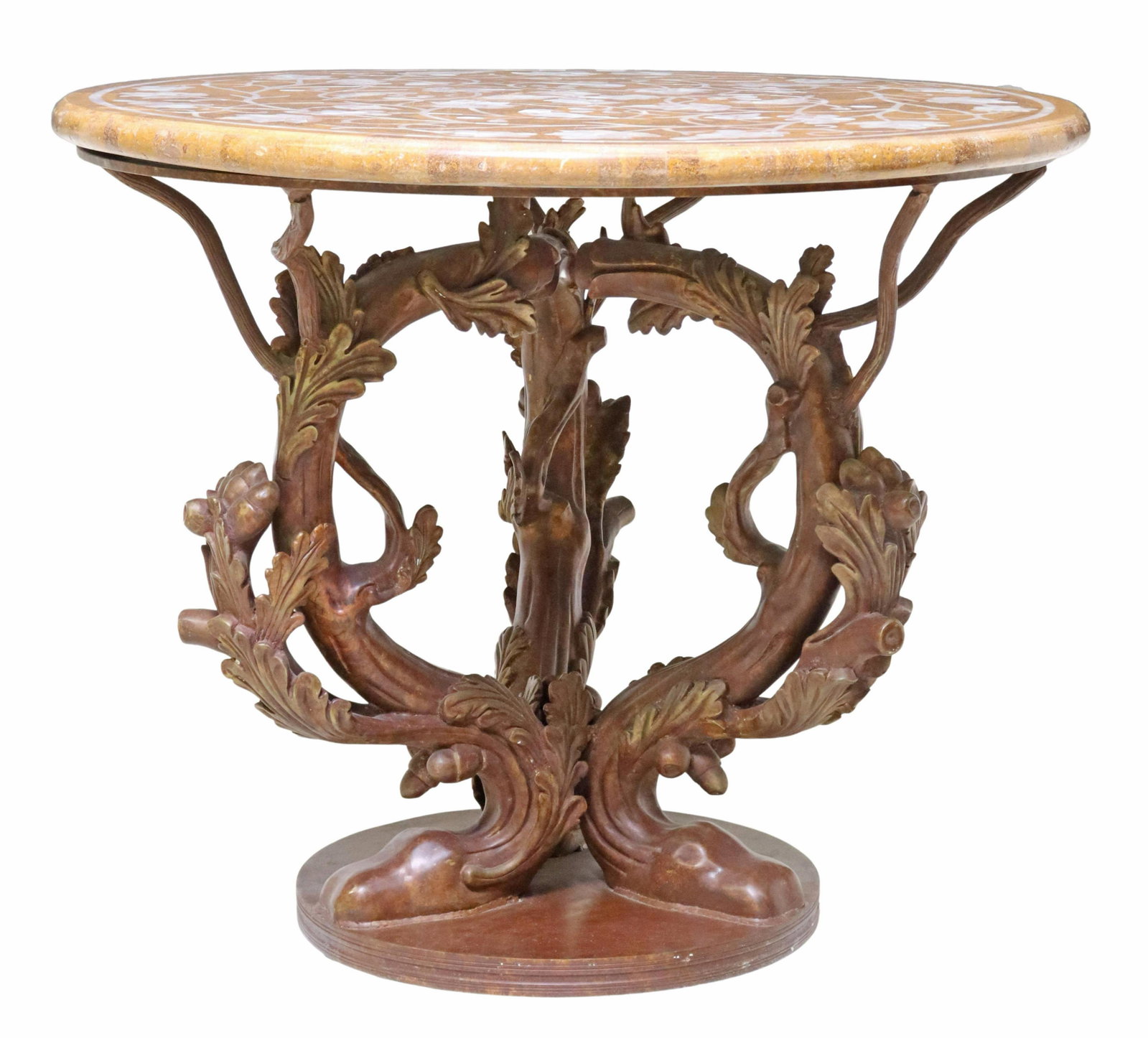 ITALIAN STYLE CENTER TABLE MOTHER-OF-PEARL INLAY: Italian style center table, 20th c., having round stone top, mother of pearl inlaid with foliates, grape clusters, and birds, rising on patinated metal tree-branch form standard, ending on round base,