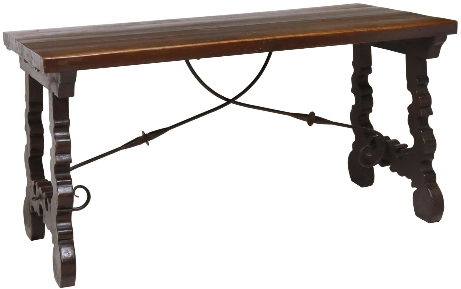 SPANISH BAROQUE STYLE EXTENSION TABLE: Spanish Baroque style extension table, late 19th/ early 20th c, rectangular top, over apron with pull-out iron supports to accommodate one leaf to each side, rising on carved ox yoke supports, joined 