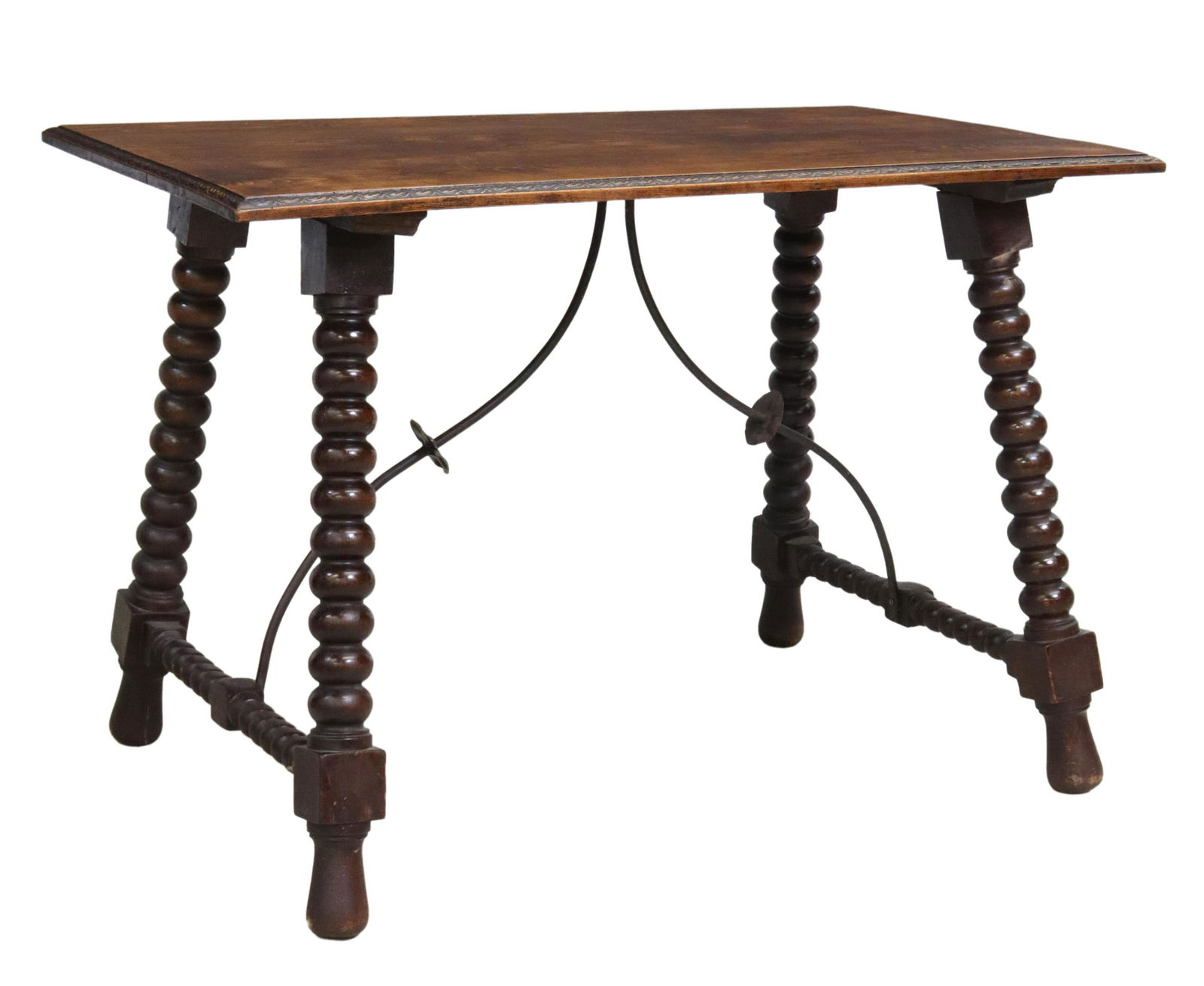 SPANISH BAROQUE STYLE CARVED OAK TABLE: Spanish Baroque style oak table, early 20th c., rectangular top with molded edge, rising on bobbin turned legs, joined by wrought iron cross stretchers, approx 31.5"h, 47.25"w, 29"d Start Price: $150.