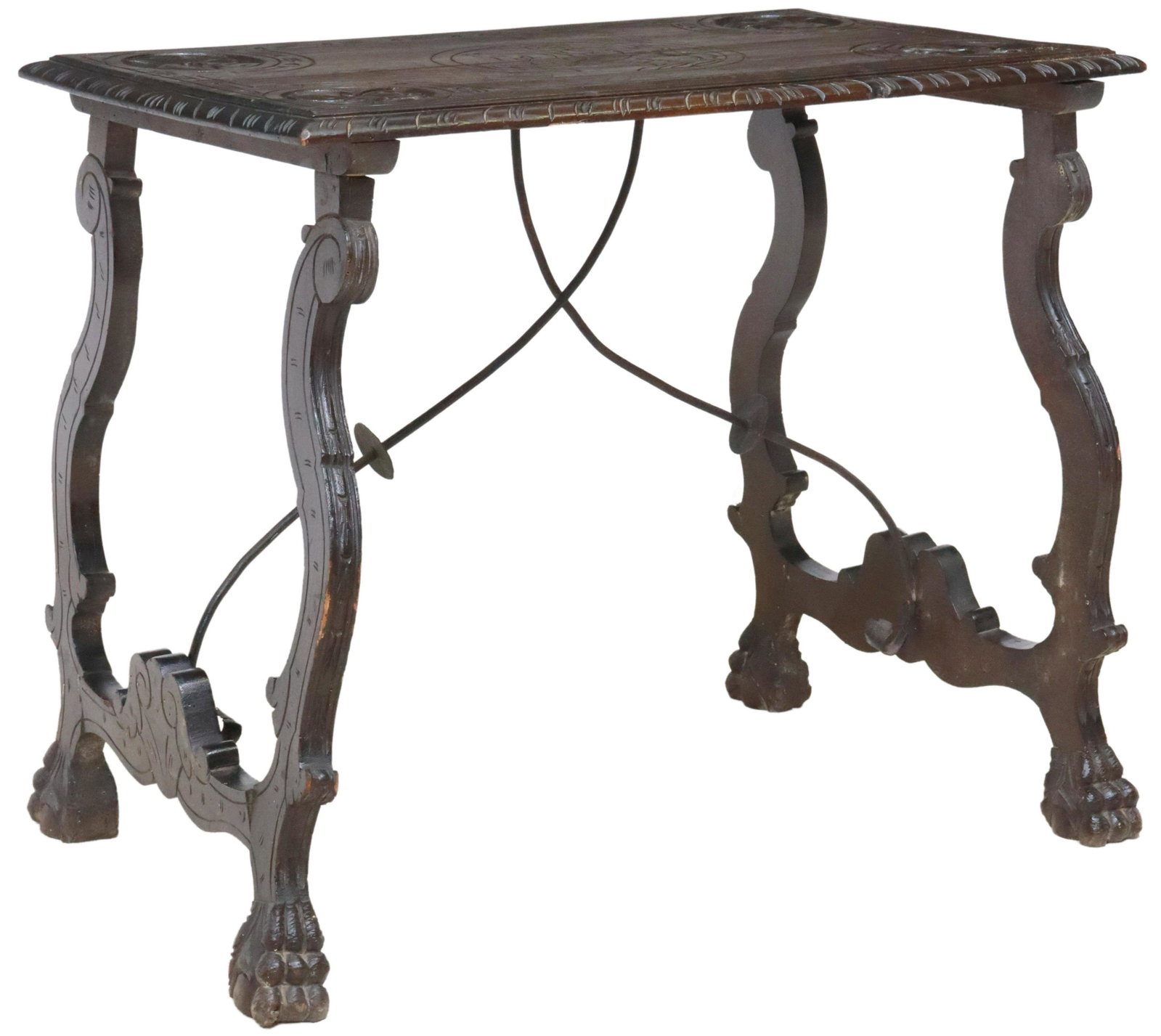 RENAISSANCE REVIVAL FIGURAL MEDALLION TABLE, SPAIN: Spanish Baroque style table, 19th c., top with carved figural medallions, rising on ox yoke supports, joined with iron cross stretcher, ending on paw feet, approx 30.25"h, 35.25"l, 21.25"w Start Price