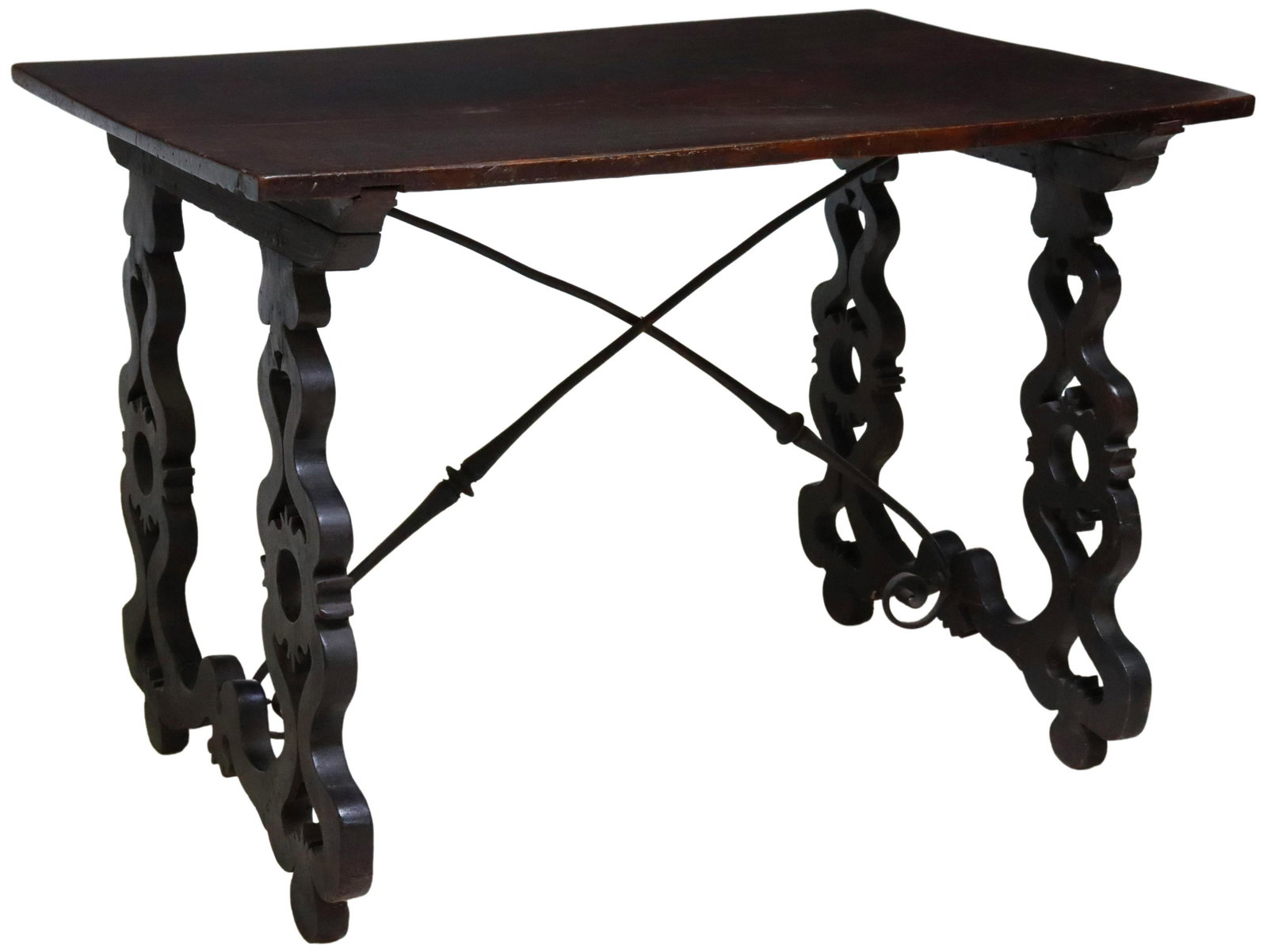 SPANISH BAROQUE STYLE SINGLE PLANK TABLE, 18TH C.: Spanish Baroque style table, 18th c., single plank top, rising on carved openwork ox yoke supports, joined with iron cross stretcher, restorations, approx 31.75"h, 45.75"l, 29.5"w Start Price: $800.00