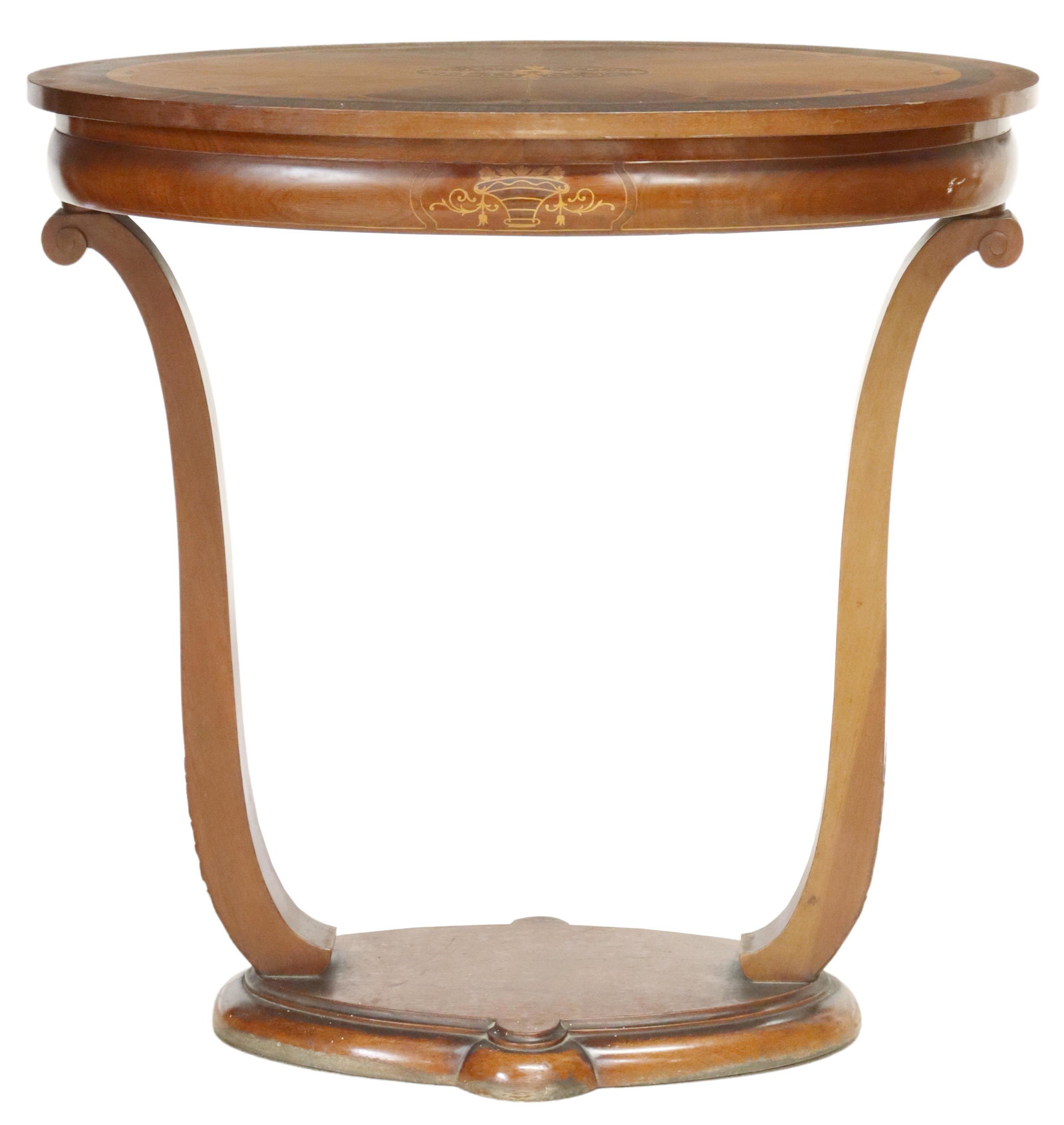 SPANISH NEOCLASSICAL MAHOGANY MARQUETRY TABLE: Spanish Neoclassical mahogany table, early 20th c., oval tabletop with foliate scroll marquetry, over convex apron, rising on two scrolled supports, over an oval base, approx 31.5"h, 32"w, 20"d Start 