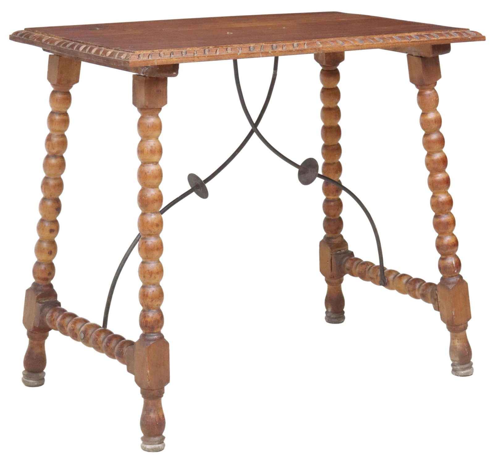 SPANISH BAROQUE STYLE TABLE ON TURNED LEGS: Spanish Baroque style small table, 19th c., carved border, rising on turned legs, joined with iron cross stretcher, approx 28.5"h, 31.5"w, 19.25"d Start Price: $150.00