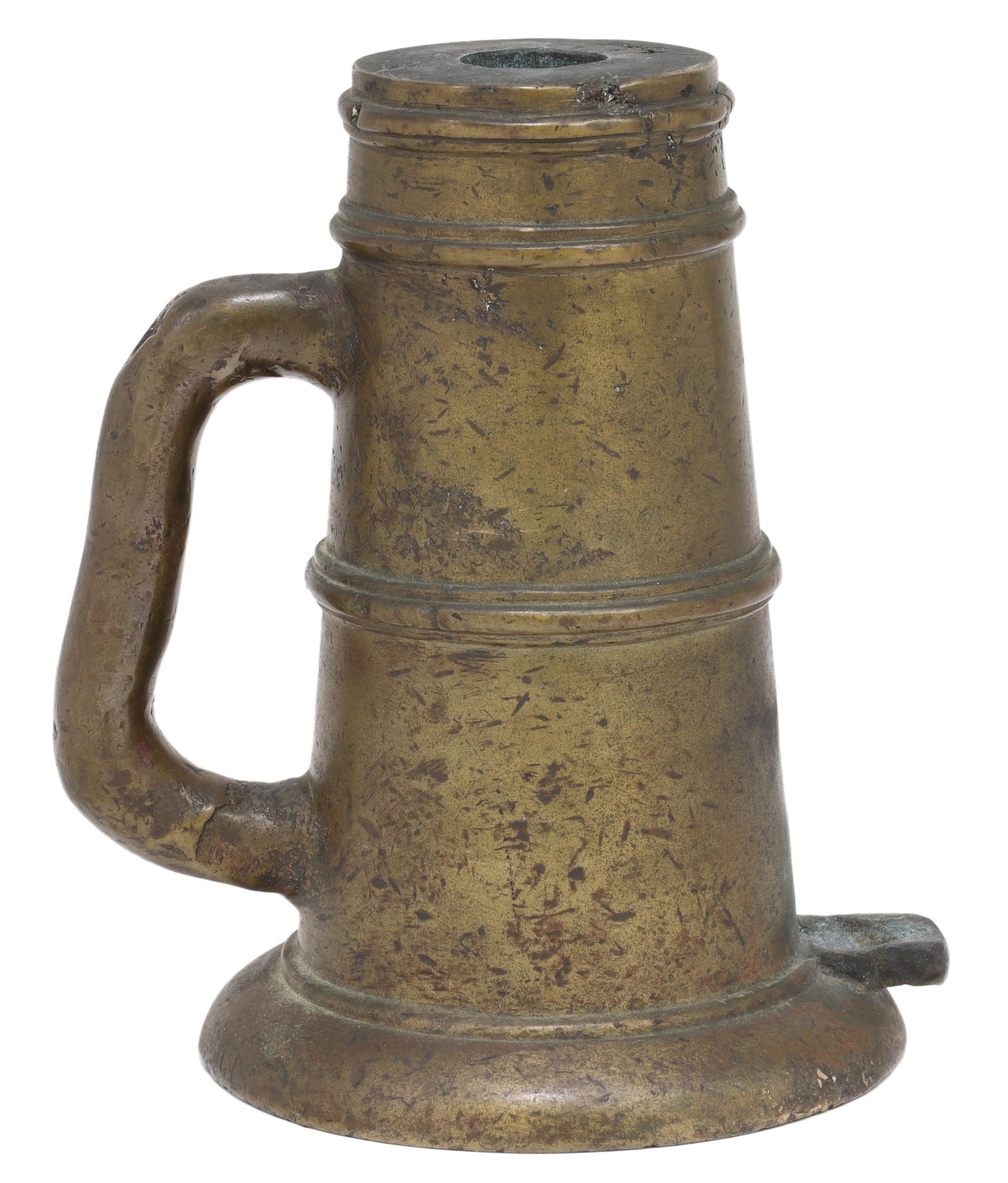 COLONIAL-ERA BRONZE 'THUNDER MUG' SIGNAL CANNON: Colonial-era bronze "thunder mug" or signal/ saluting cannon with handle, 17th/ 18th c., approx 8.5"h, 7.5"w, 6"d, 26.75lbs Start Price: $500.00