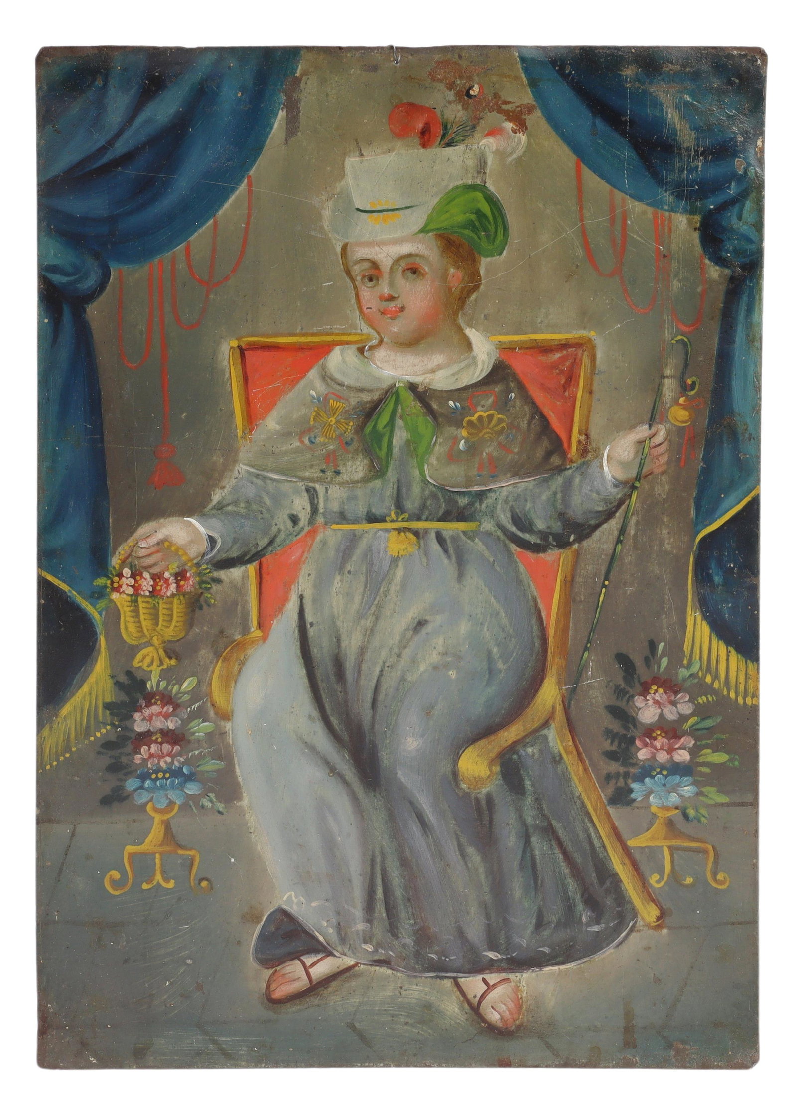 OIL ON TIN RETABLO, SANTO NINO DE ATOCHA: Unframed oil on tin retablo, Santo Nino de Atocha (The Holy Child of Atocha), 19th c., depicted seated, holding a basket of flowers and pilgrim's staff, approx 14"h, 10"w, 0.5lbs Start Price: $200.00