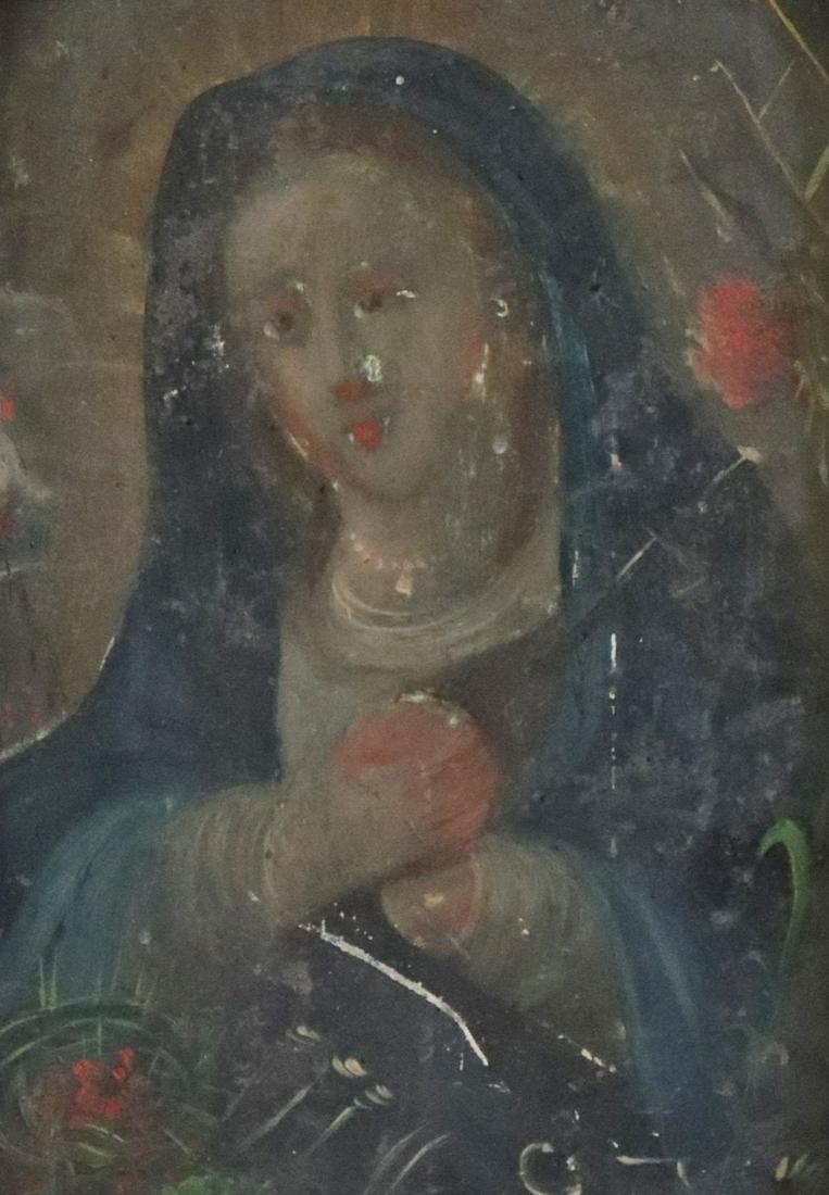 FRAMED OIL ON TIN RETABLO, OUR LADY OF SORROWS: Framed oil on tin retablo, Nuestra Senora de los Dolores (Our Lady of Sorrows), 19th c., depicting the Virgin Mary, a sword piercing her heart, alongside the Arma Christi/ Instruments of the Passion, 