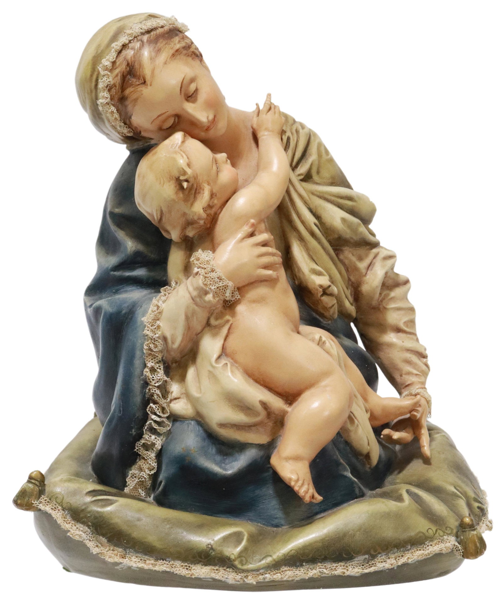 ANTONIO BORSATO (D.1982) PORCELAIN MADONNA & CHILD: Italian porcelain figure group, Madonna and Child, signed in the cast A. Borsato Original (Antonio Borsato, Italian, 1911-1982), losses to child's finger, tassel at one corner of cushion, approx 9.25"