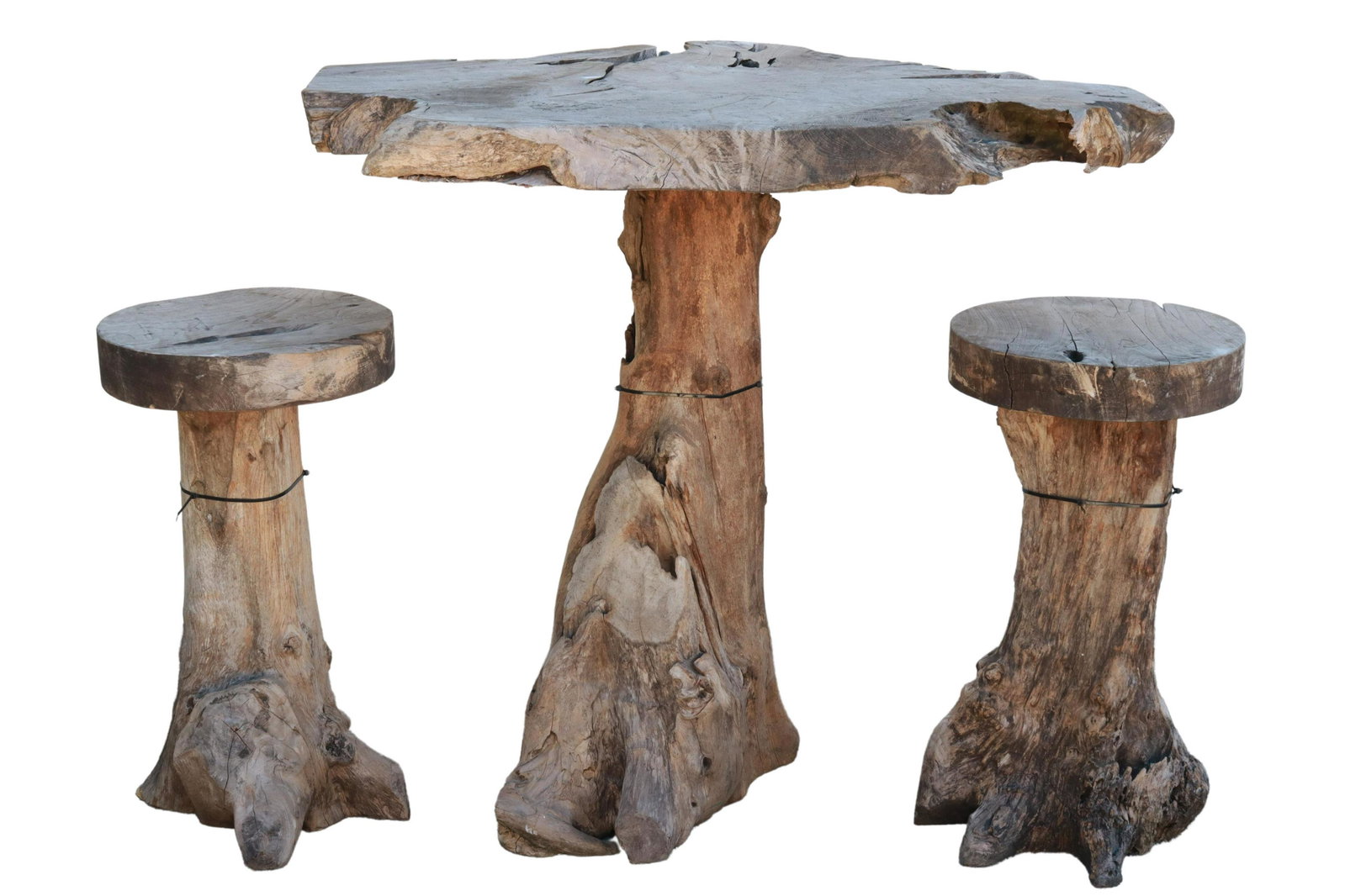 (3) RUSTIC LIVE-EDGE WOOD PATIO TABLE & STOOLS: (lot of 3) Rustic wood patio set, including: (1) table, having live-edge top, over tree-trunk base, approx 40.5"h, 48"l, 40"d, (2) stools, having round-tops, over tree-trunk base, approx 28"h, 15.75"d