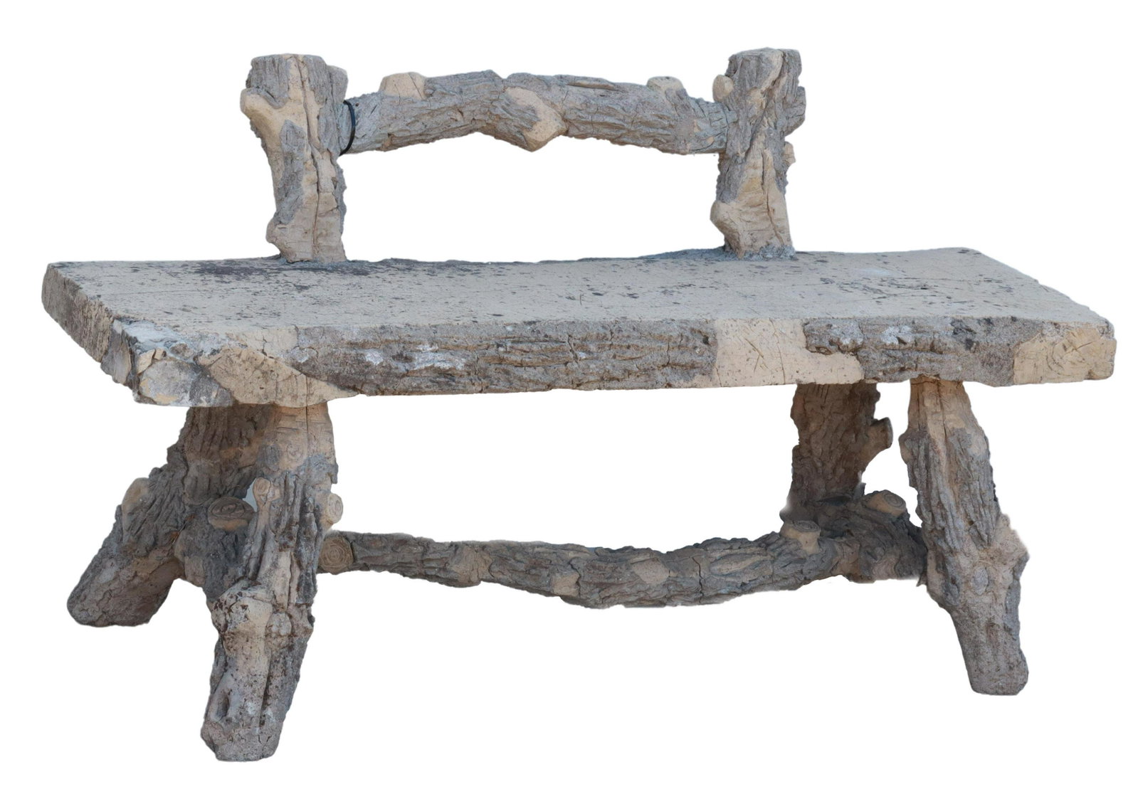 PETITE FAUX BOIS GARDEN BENCH: Petite faux bois garden bench, having tree-branch form back, over plank top, rising on branch-form stretcher-joined legs, approx 26.75"h, 45.75"w, 14.25"d, seat height: 17.5"h **PLEASE NOTE: All of th