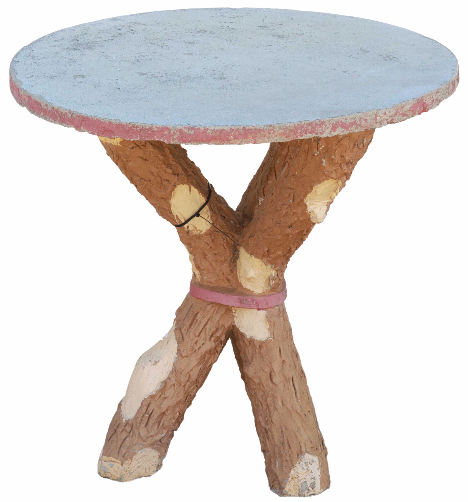 PAINT-DECORATED FAUX BOIS PATIO TABLE: Paint-decorated faux bois patio table, having round top, over tree branch form base, approx 31.5"h, 30.25"diam **PLEASE NOTE: All of the cast stone and garden pieces in this auction have inherent flaw