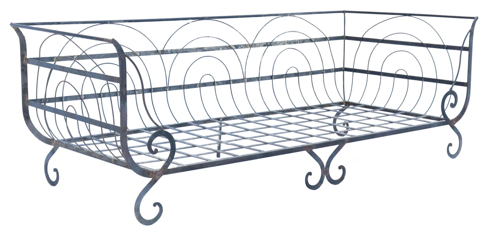 LARGE SCROLLED IRON PATIO SOFA/ DAYBED: Large contemporary iron patio sofa/ daybed, 20th c., having rolled back and side rails, arched "rainbow" design to back, over lattice seat, rising on scrolled legs, approx 31"h, 91.25"w, 39.25"d, seat