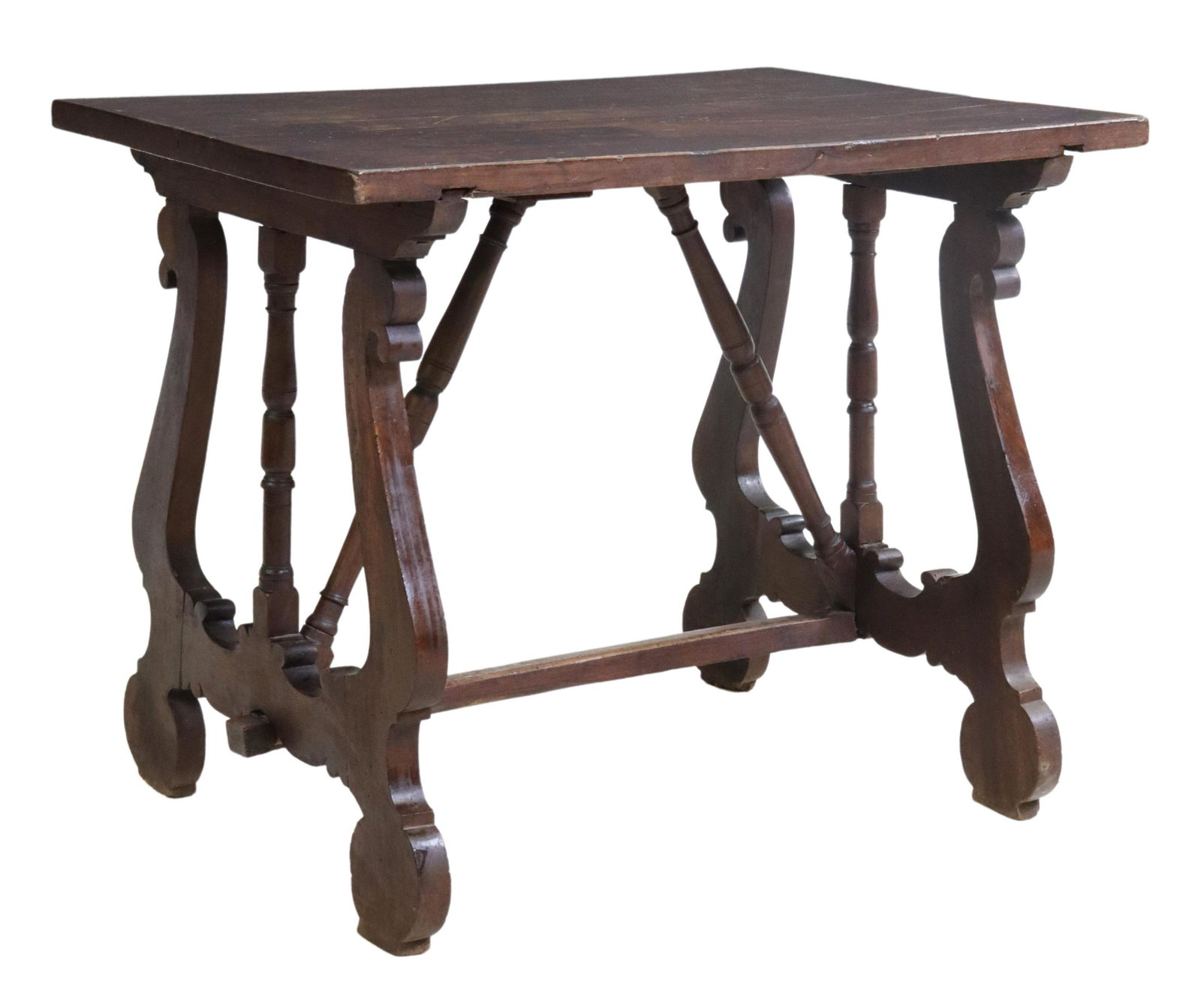 SPANISH BAROQUE STYLE TABLE: Spanish Baroque style table, 19th c., the top with split and wood loss, rising on ox yoke style legs, joined by angled turned wood stretchers, approx 31"h, 38.5"w, 27.5" Start Price: $250.00