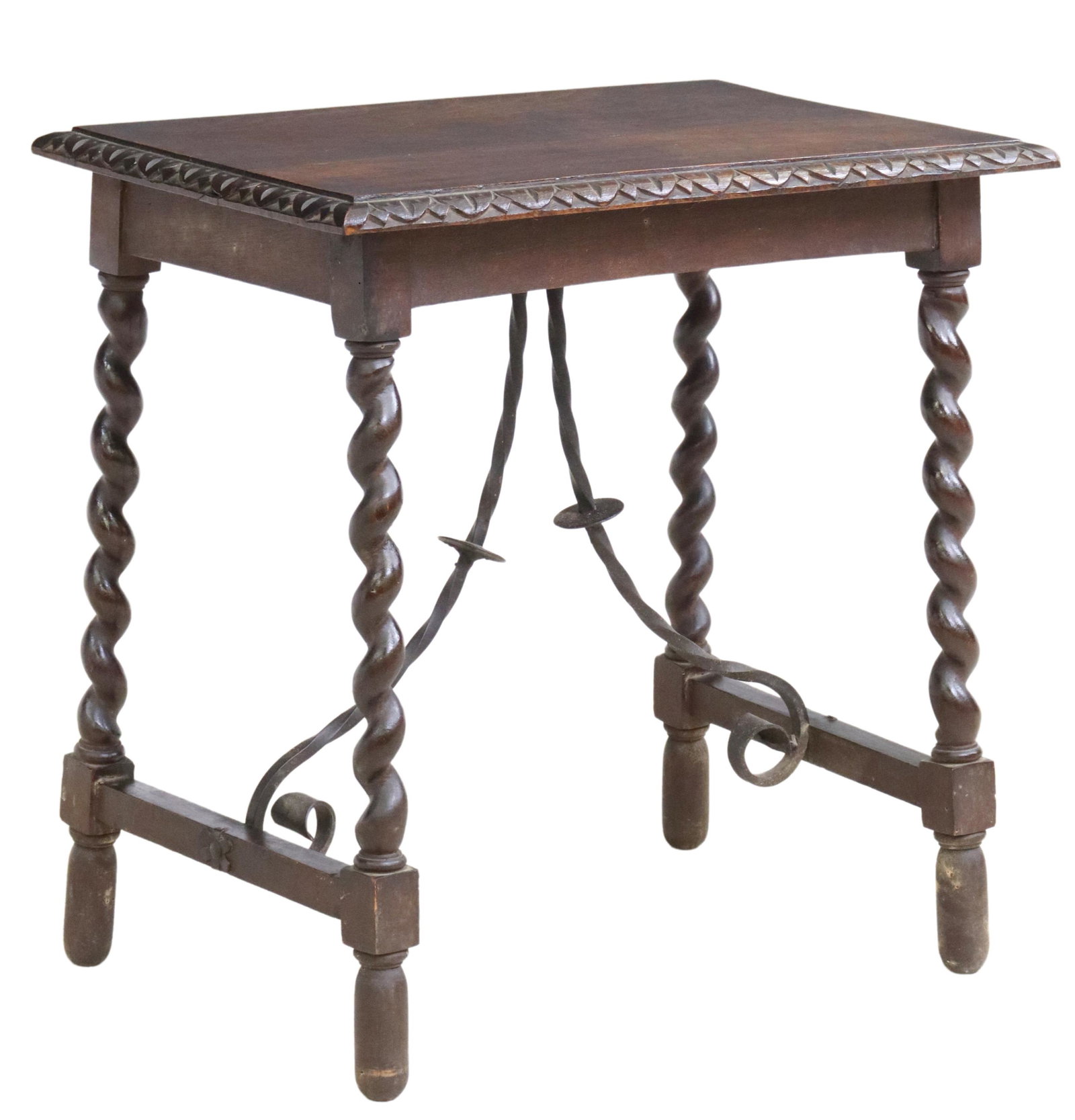 SPANISH BAROQUE STYLE TABLE WITH IRON STRETCHERS: Spanish Baroque style table, late 19th c., rising on twist legs, joined by wrought iron cross stretchers, approx 24"h, 23.75"w, 15.5"d Start Price: $150.00