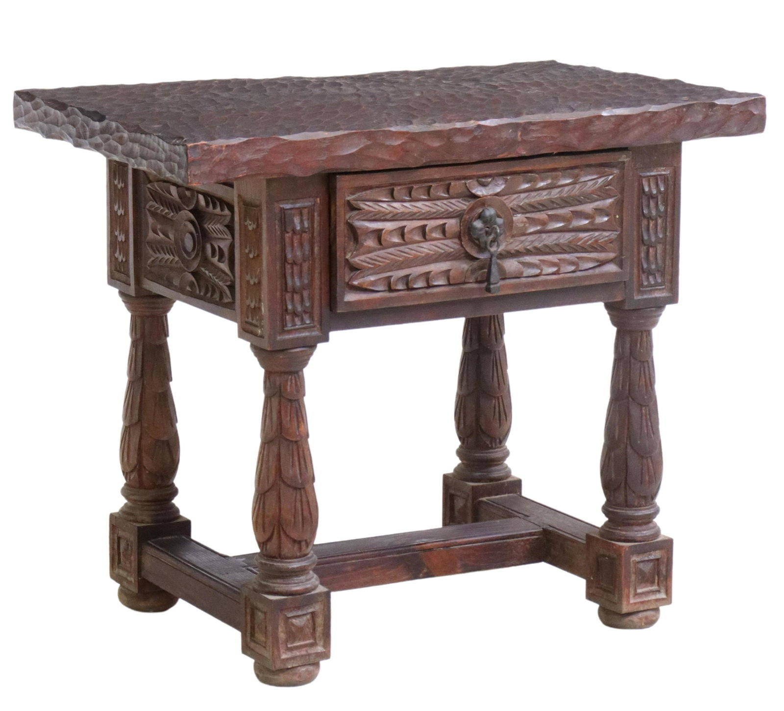 SPANISH BAROQUE STYLE CARVED SIDE TABLE: Spanish Baroque style side table, early 20th c., full carved throughout, chip carved top, over single drawer, rising on tapered legs, joined with H-stretcher, ending on bun feet, approx 19.5"h, 23"w, 
