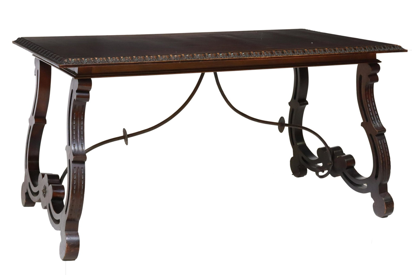 SPANISH BAROQUE STYLE CARVED WOOD & IRON TABLE: Spanish Baroque style table, early 20th c., carved foliate border, rising on ox yoke supports, joined with iron cross stretcher, approx 28.25"h, 54.75"l, 31.75"w Start Price: $300.00