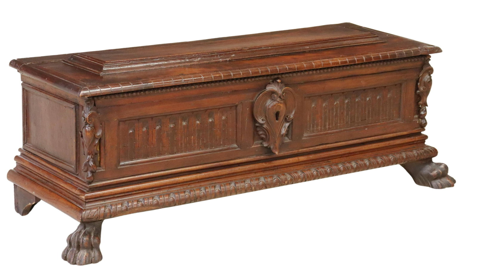 ITALIAN RENAISSANCE REVIVAL CASSONE/ STORAGE TRUNK: Italian Renaissance Revival cassone/ coffer, 19th c., hinged lid opening to storage interior, linenfold carved front, centering foliate cartouche, rising on paw feet, lacking lock plate, some trim los